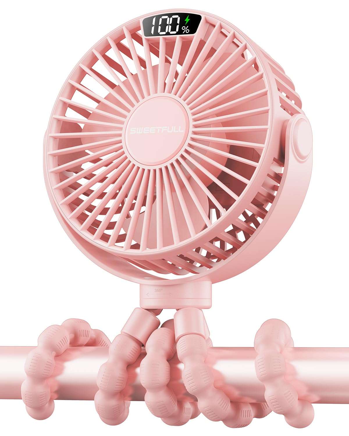 SWEETFULL Portable Stroller Fan with Display 4000mAh Battery Powered Mini Clip On Fan, 4-Speed Rechargeable Small Personal Cooling for Baby Car Seat Crib Travel - Pink 1