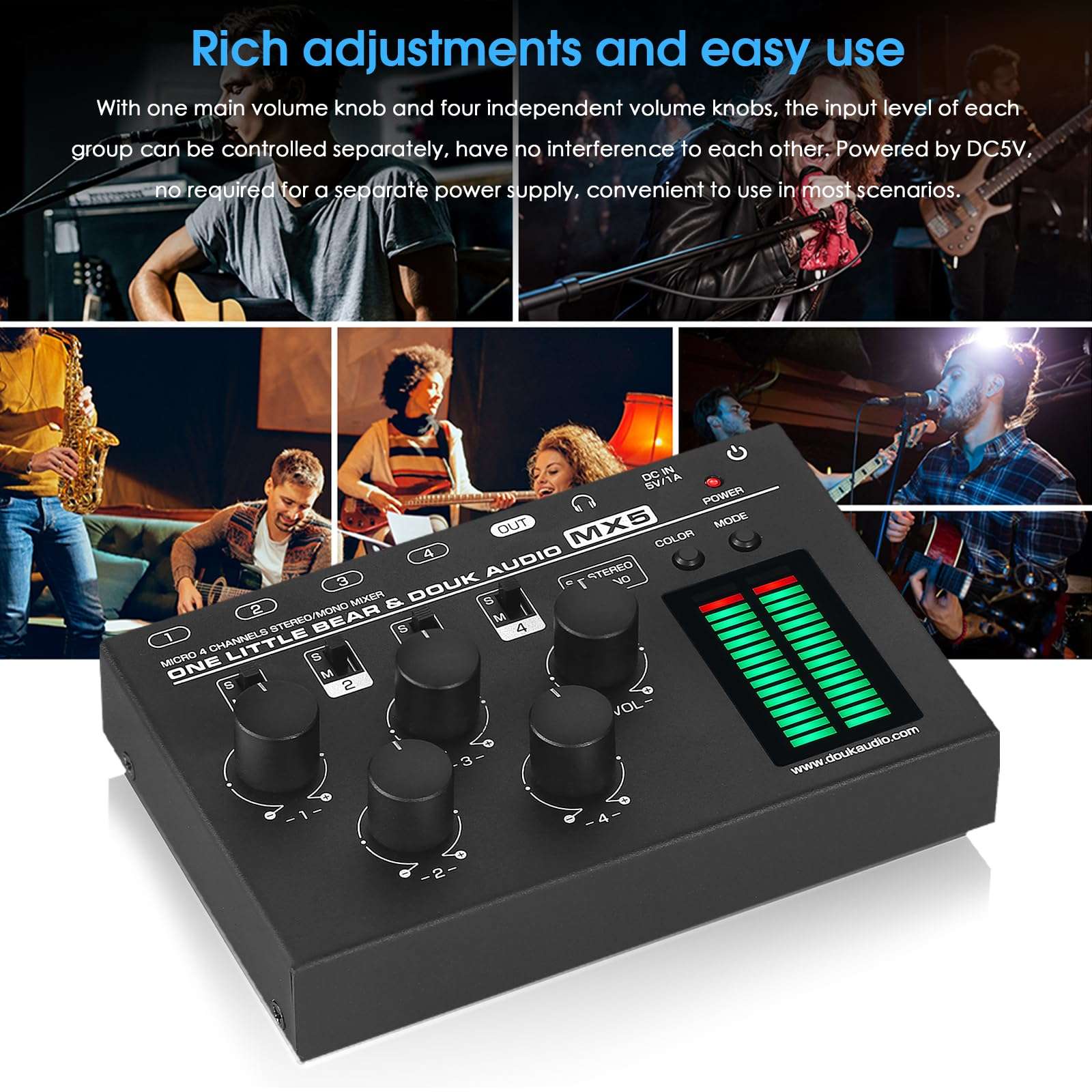 Douk Audio MX5 4 Channel Audio Mixer 4-CH Line-Mixing Mono Stereo Ultra Low-Noise LED Level Meter 4