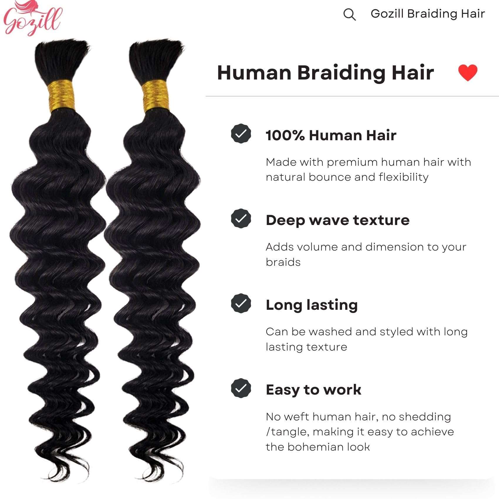 Deep Wave Human Braiding Hair for Boho Braids 1b Black Curly Human Hair Bundles for Braiding 2 Bundles/Pack 20Inch 6