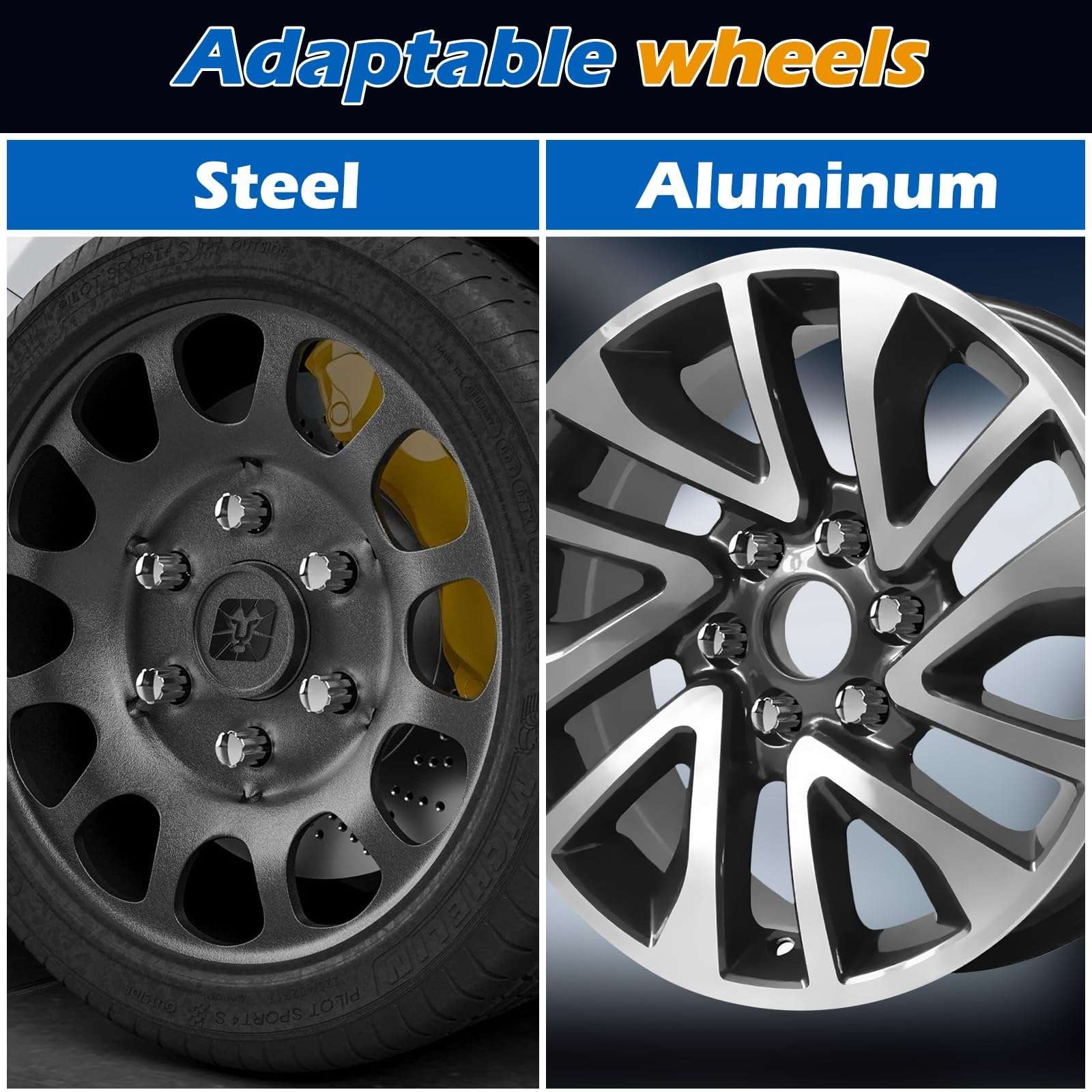 Dynofit 14x1.5 Chrome Lug Nuts Set, 24pcs 7 Spline Drive Wheel Nut for Silverado Sierra Ram 1500 F150, Silver Steel Aftermarket Lugnuts with 1 Socket Key Compatible With Ford Chevy GMC 6 Lug Wheel Rim 6