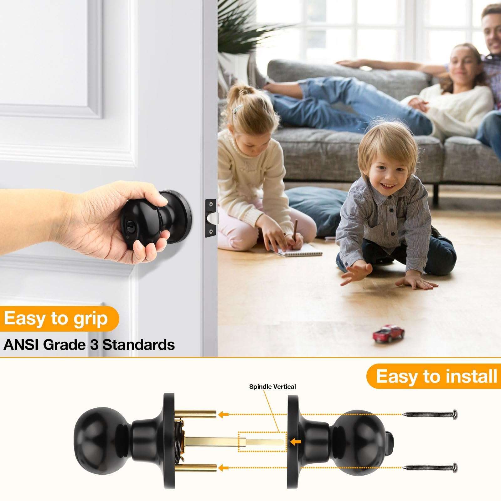 Gobrico 5 Pack Black Door Knob Oval Door Knobs Privacy Door Handles for Bed and Bath Interior Door Knob Egg Shaped Stainless Steel 5