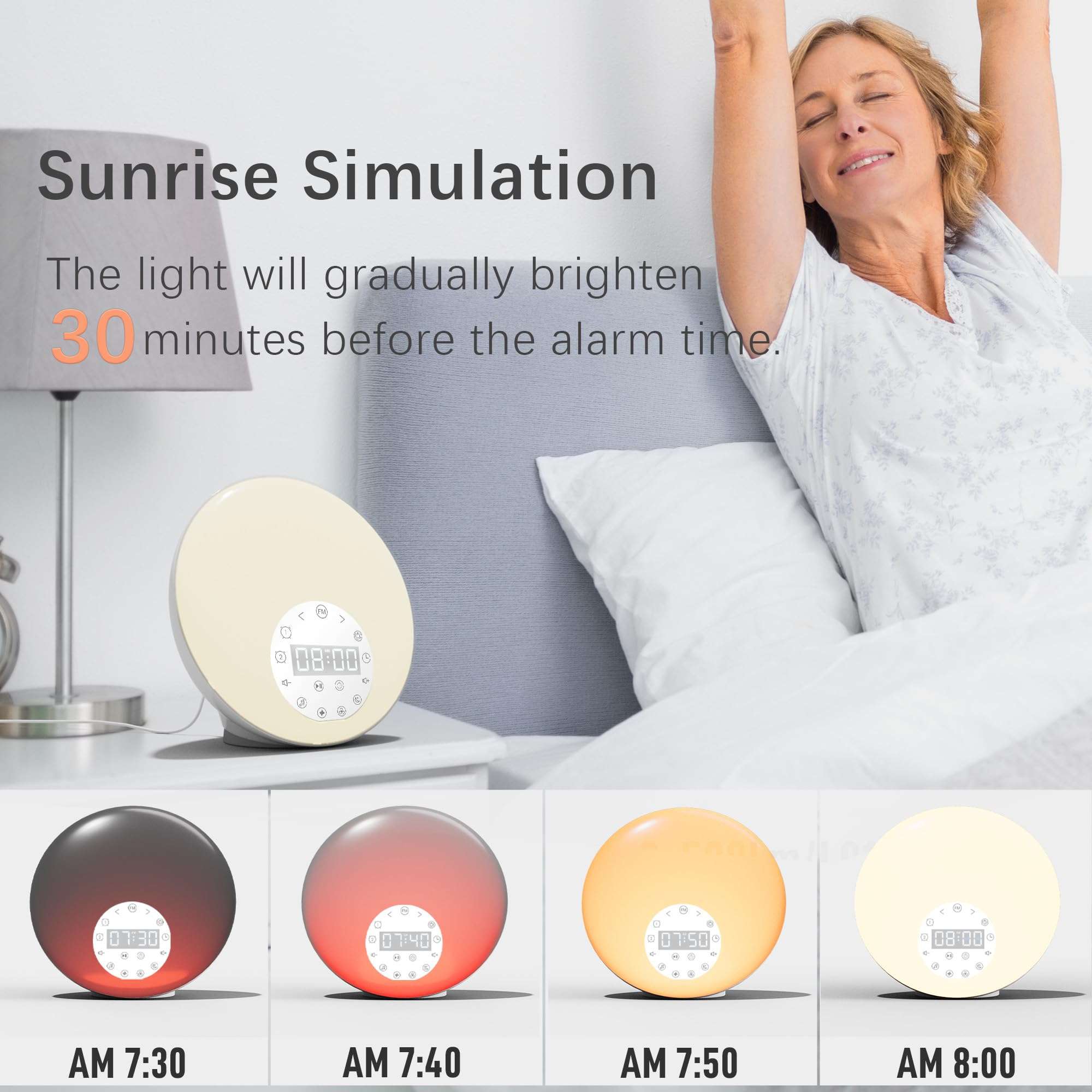 ANTDALIS Sunrise Alarm Clocks White Noise Sound Machine with 26 Soothing Sounds, 7 Night Lights, Wake Up Light Alarm Clock for Bedrooms, Heavy Sleepers, Baby, Kids, Dual Alarms, Sleep Timer, Snooze 5