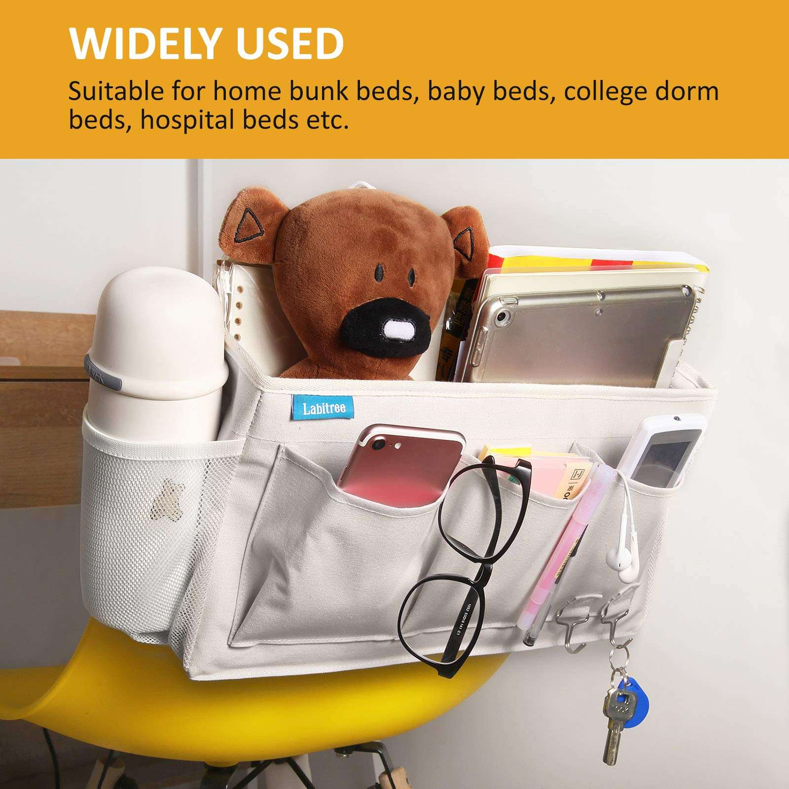 Labitree Bedside Caddy, Hanging Storage Organizer 6 Pockets Canvas Bag for Bunk, College Dorm Bed, Bed Rails with Magazine Phone Tablet Water Bottle Holder, Grey 6