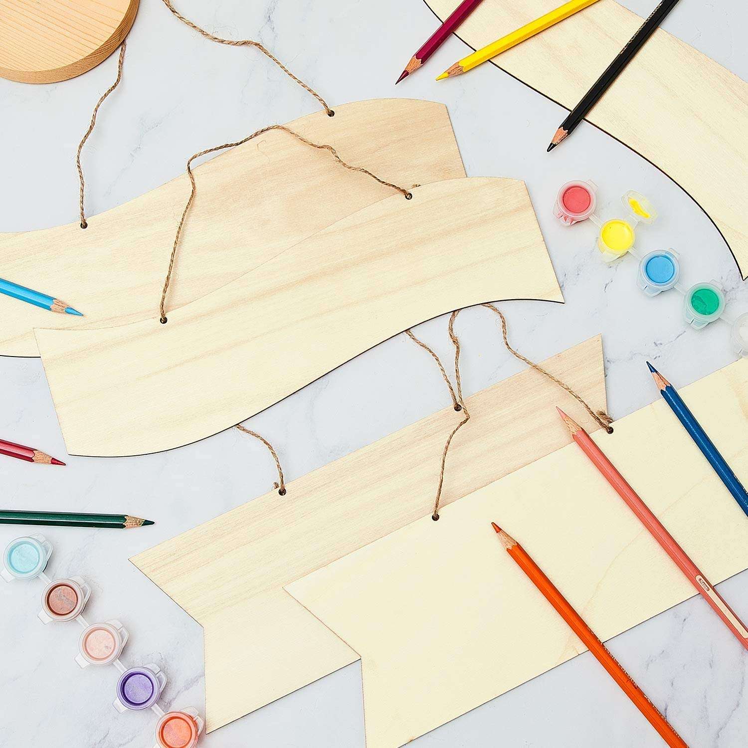 AmericanElm Unfinished Hanging Wood Sign Blank Decorative Plaque 3mm Thick Wooden Slices Banners with Ropes for Pyrography Painting Writing Home DIY Crafts Supplies (Wood Color, 4 Pieces) 5