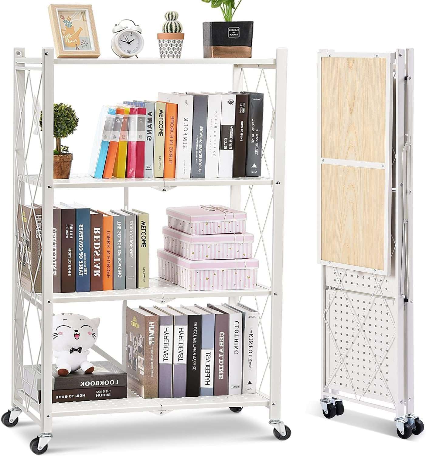 Oumffy White Adjustable Set of 4-Shelf Metal Organizers Rolling Cart Display Wire Rack, with Wheels Storage Shelving Unit,Heavy Duty Garage Storage Rack, Metal Kitchen Shelf, 47 Inches Height, White 3