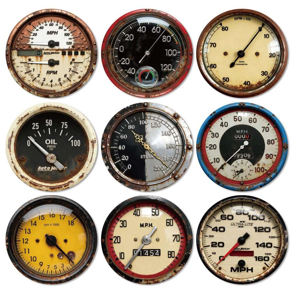 ANATTASOUL Coasters Set of 9 Retro Dashboard Pattern Colorful Wooden Coasters Bulk Round Housewarming Gift for New Home, 3.9" Decorative Coffee Table Protection for Farmhouse Bar House Decor 1