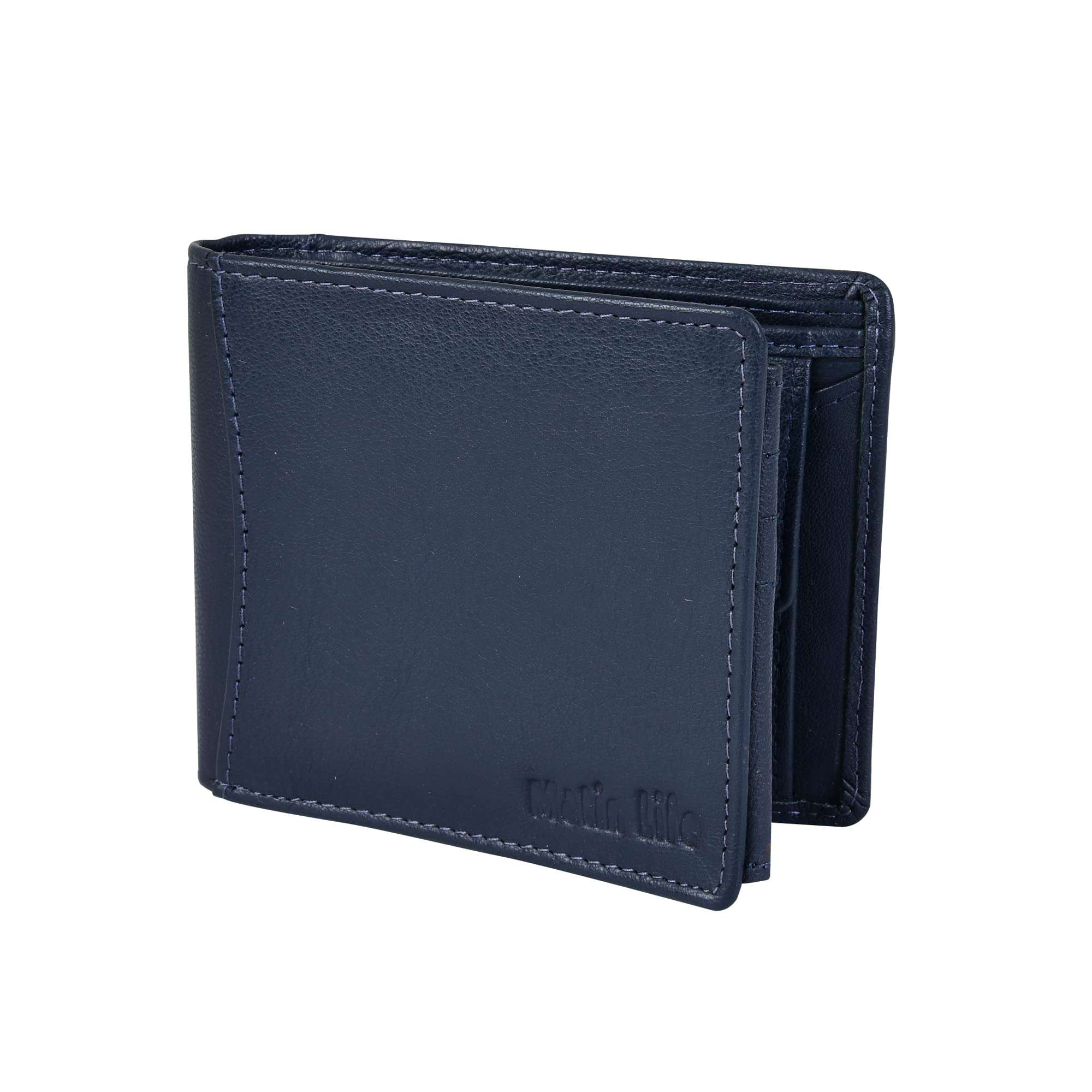 Men Casual, Trendy Blue Genuine Leather RFID Wallet (11 Card Slots) (Blue)