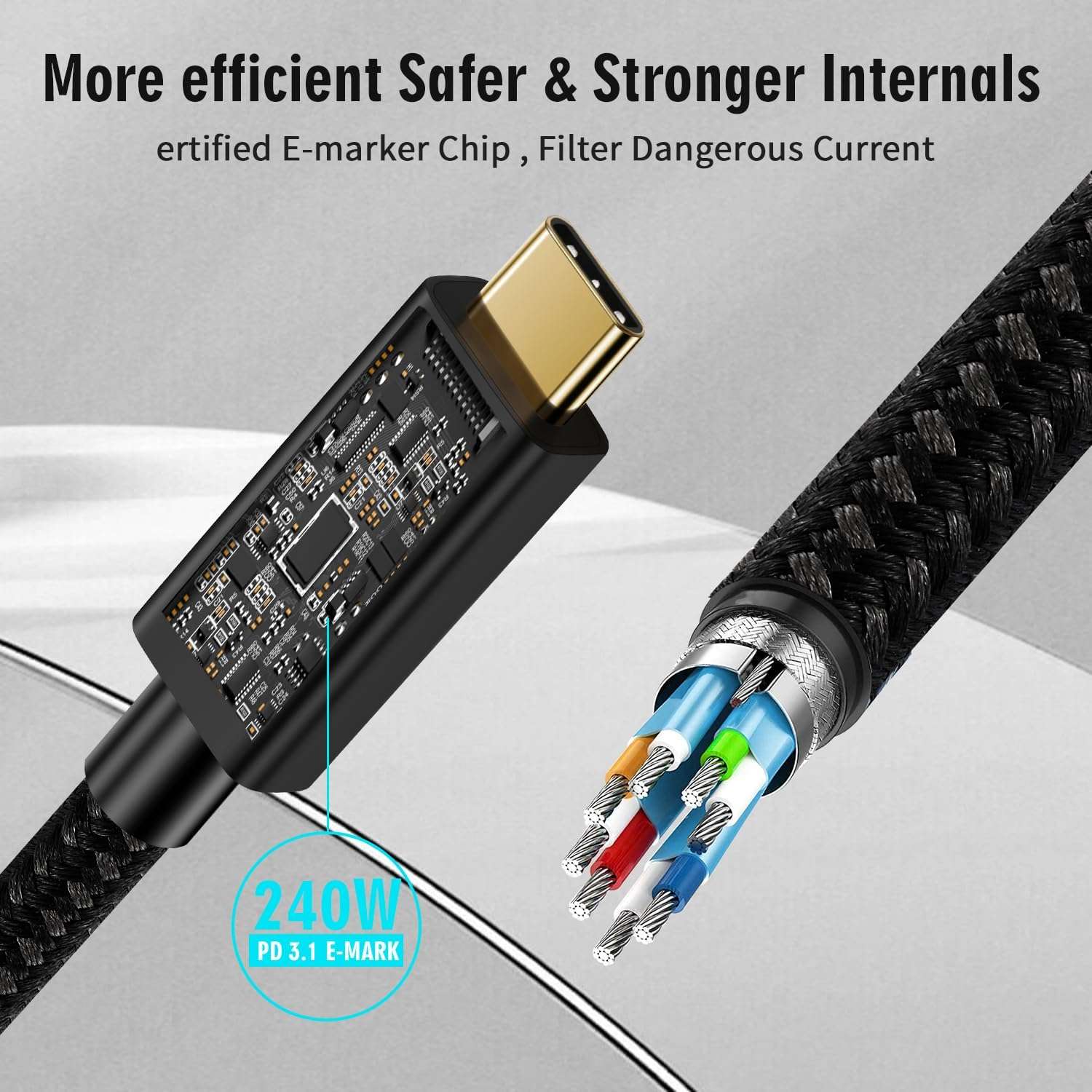 CABLEDECONN USB 4 Extension 0.5M Super High Speed 80Gbps Thunderbolt 5 Data Cable 240W Quick Charging 16K Ultra HD Video Connection USB Type-C Cable 3