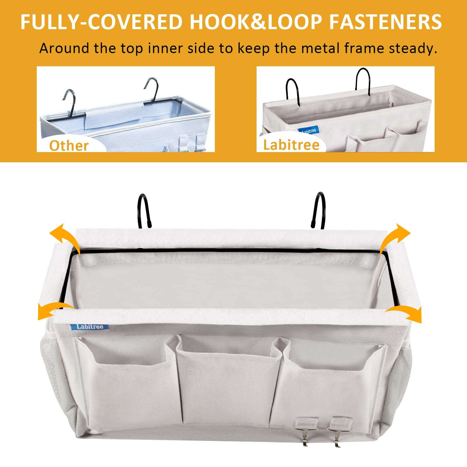 Labitree Bedside Caddy, Hanging Storage Organizer 6 Pockets Canvas Bag for Bunk, College Dorm Bed, Bed Rails with Magazine Phone Tablet Water Bottle Holder, Grey 2