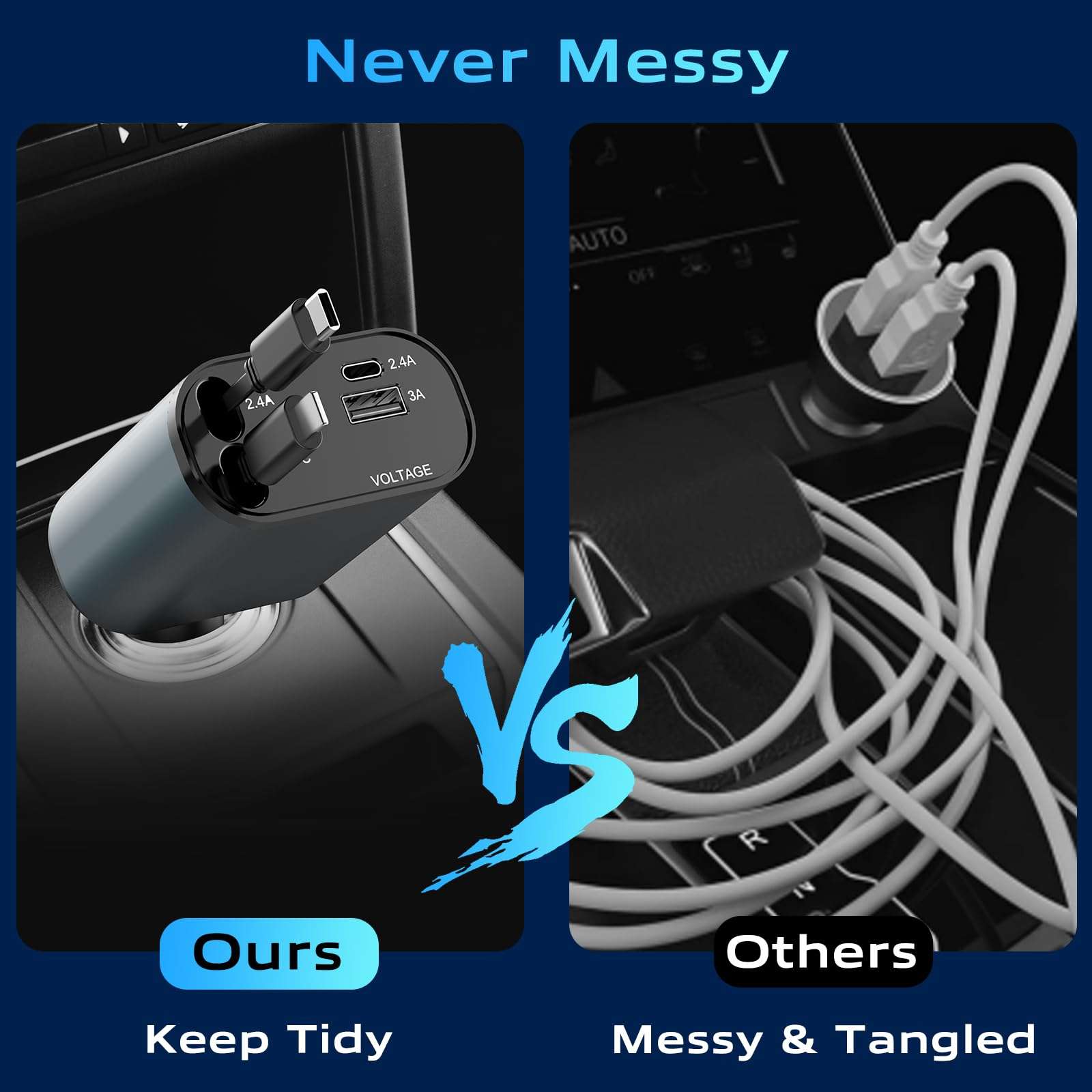 iYeHo Retractable Car Charger,4 in 1 Fast Charger,Car Adapter with Retractable Cables and Dual USB Ports for iPhone 15/15 Plus/15 Pro/15 Pro Max/13/12/11,Galaxy S23,MacBook Pro,iPad Air,and More 4