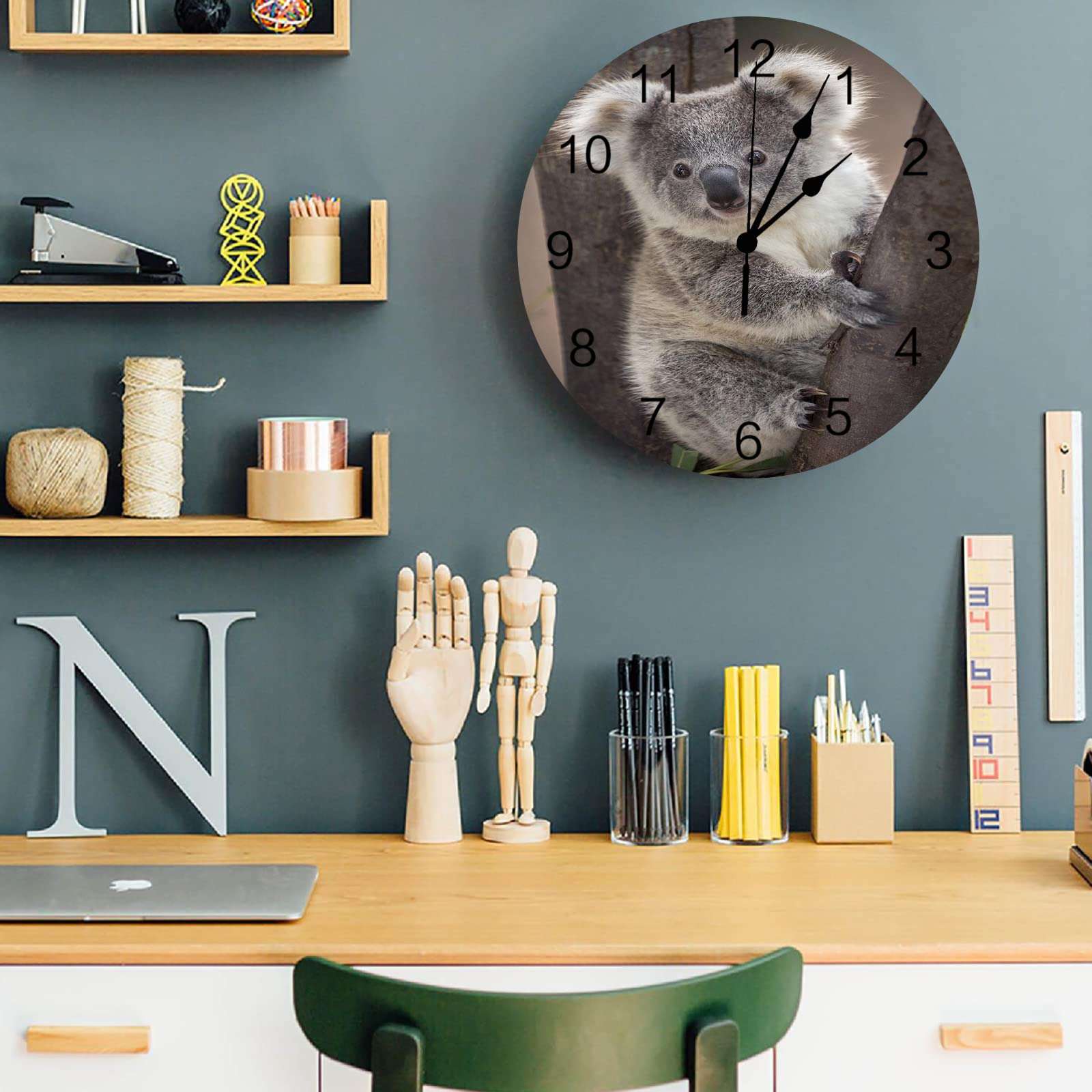 CosyBright Silent PVC Wall Clock 12 Inch Round Wall Clock Koala Bear Australia Wild Animals Hanging Clock for Kitchen Non Ticking Battery Operated Living Room Mute Clock 5