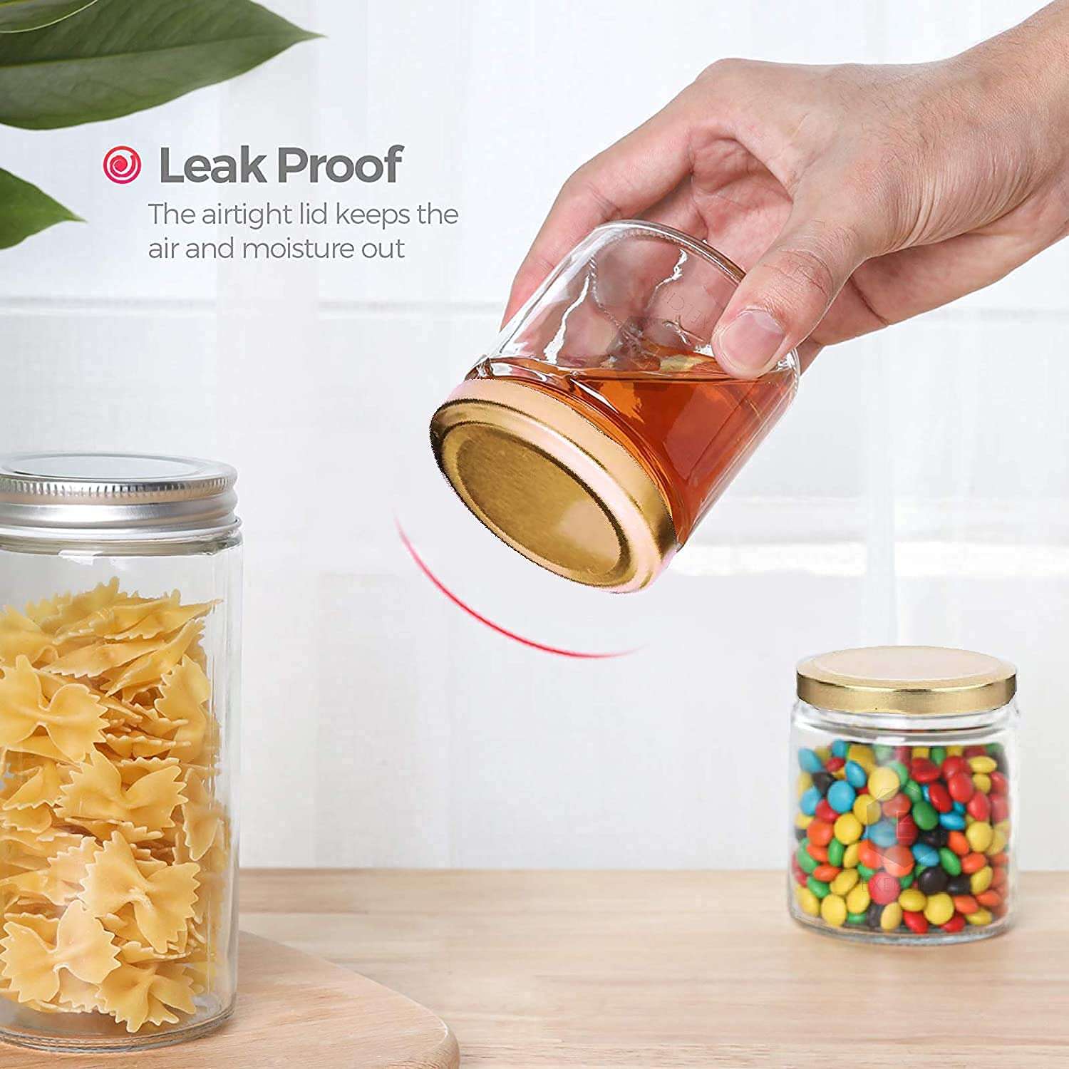 EVOQIS 200 ML Round Glass Jar for kitchen food storage with Gold Lid Transparent Cube Jar Containers for Cookie Biscuit Pack of 6 5