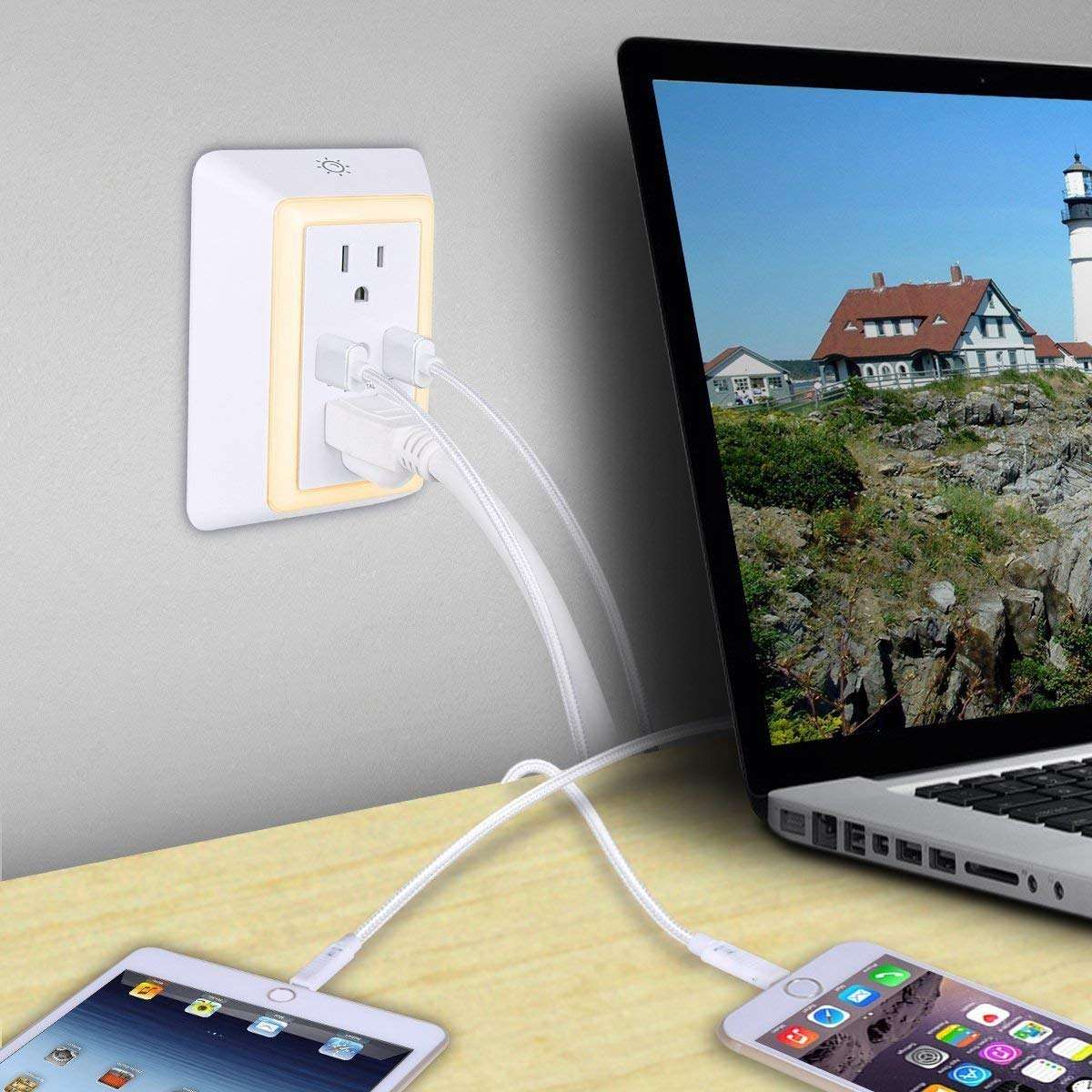 USB Wall Charger, Surge Protector, POWRUI USB Outlet with 2 USB Ports (2.4A Total) and Dusk-to-Dawn Sensor Night Light, 1080Joules, ETL Listed - White (2-Pack) 5