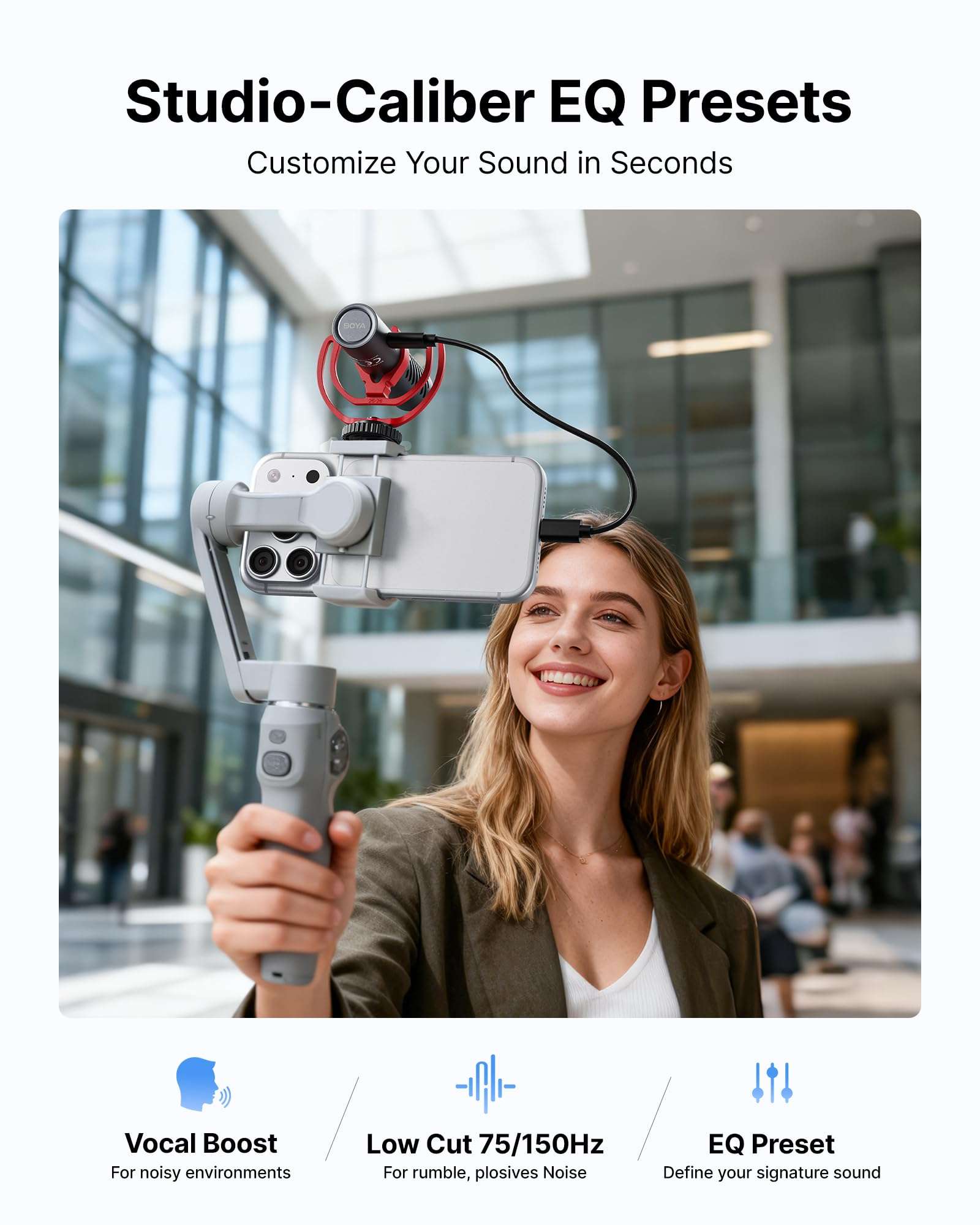 BOYA BY-MM1 AI On-Camera Shotgun Mic with AI Noise Cancellation, APP Control with EQ Presets & Gain, Supercardioid Pickup, 30Hrs Battery, Dual 3.5mm/USB-C, Microphone for Camera, DSLR, iPhone, Android 6