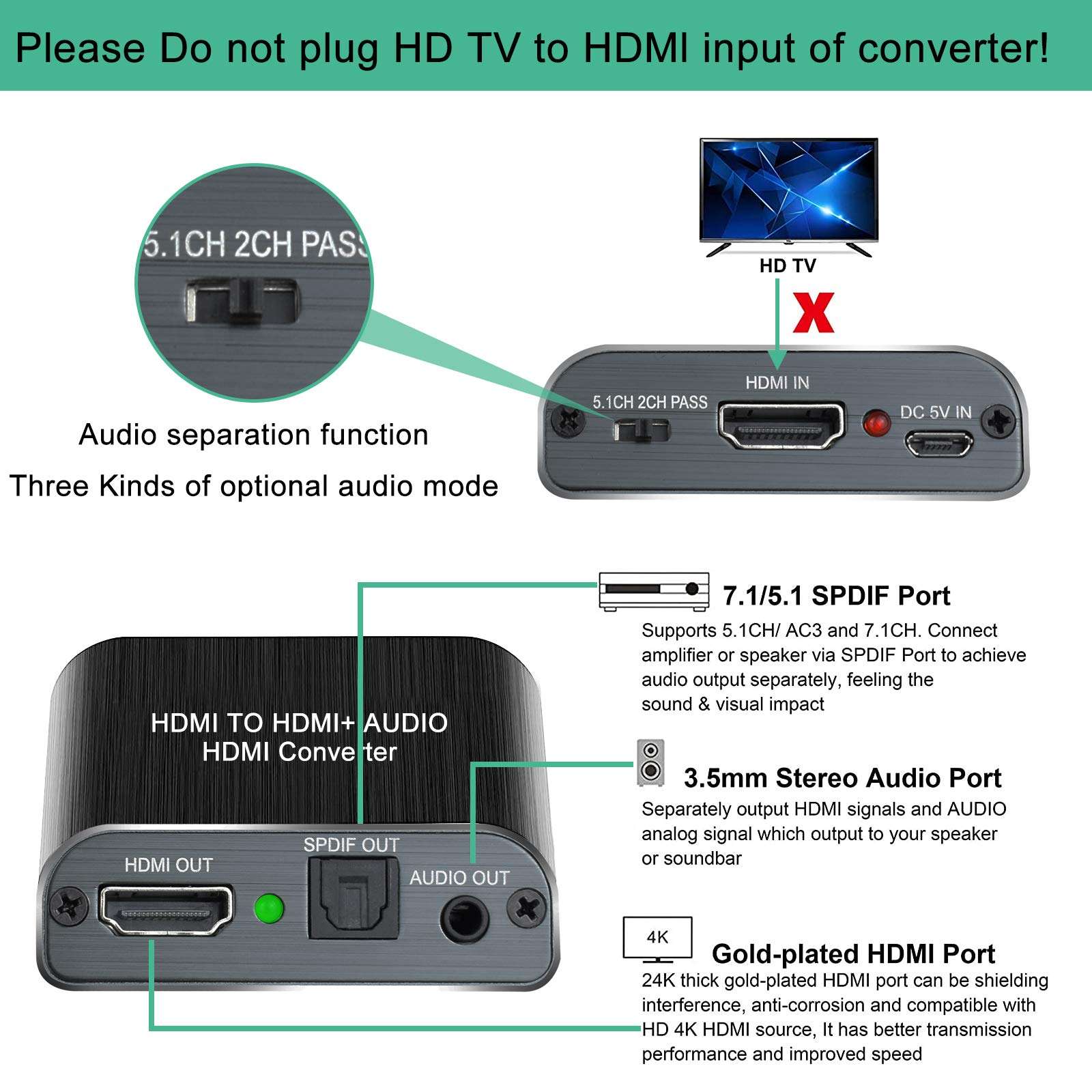 HDMI Audio Extractor Converter to HDMI Optical SPDIF RCA L/R Stereo Analog Outputs Video Audio Splitter Support HDCP Digital DTS 5.1 PCM(NOT Support ARC) 5