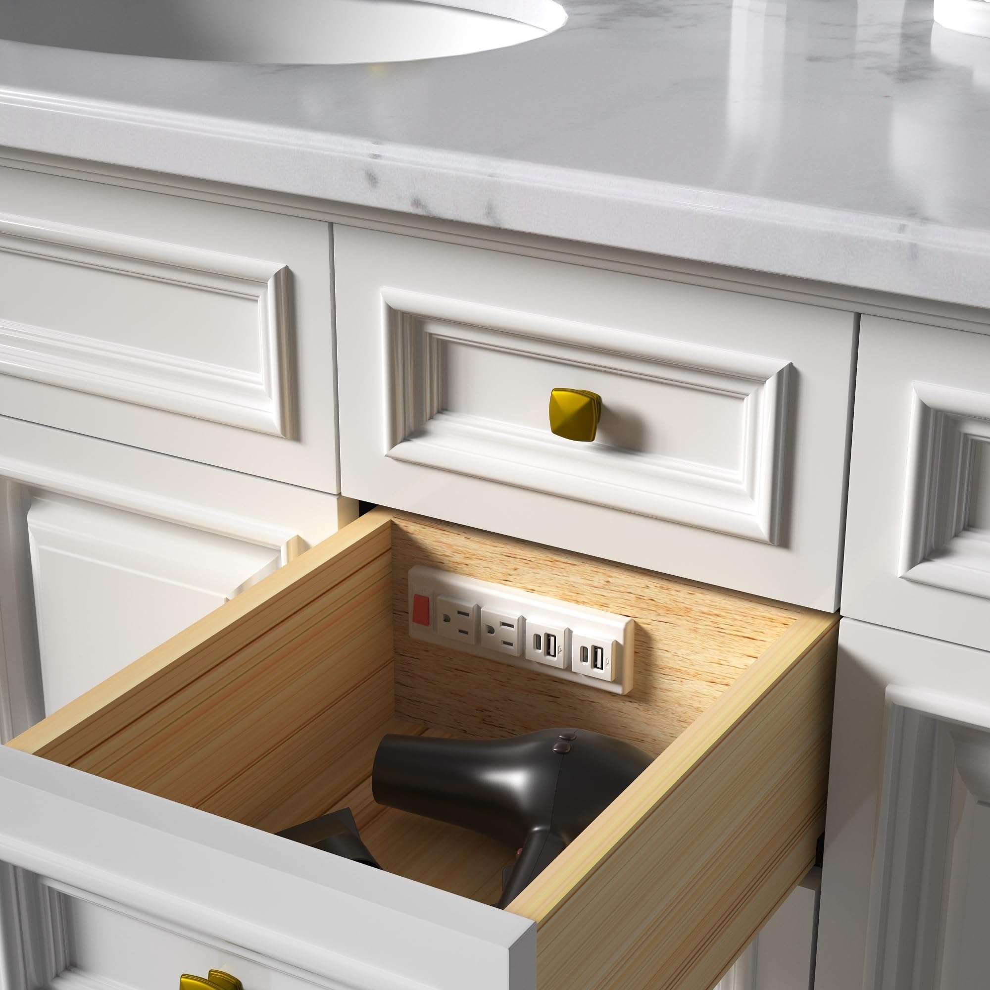 Drawer Outlet Kit with PD 20W USB-C Charging Station(2), AC(TR)(15Amp) Outlets(2), (14 AWG) Power Cable, Aluminum Cord Management Arm for Wide Drawer Bathroom Kitchen Bedroom Offices Cabinets(Black) 3