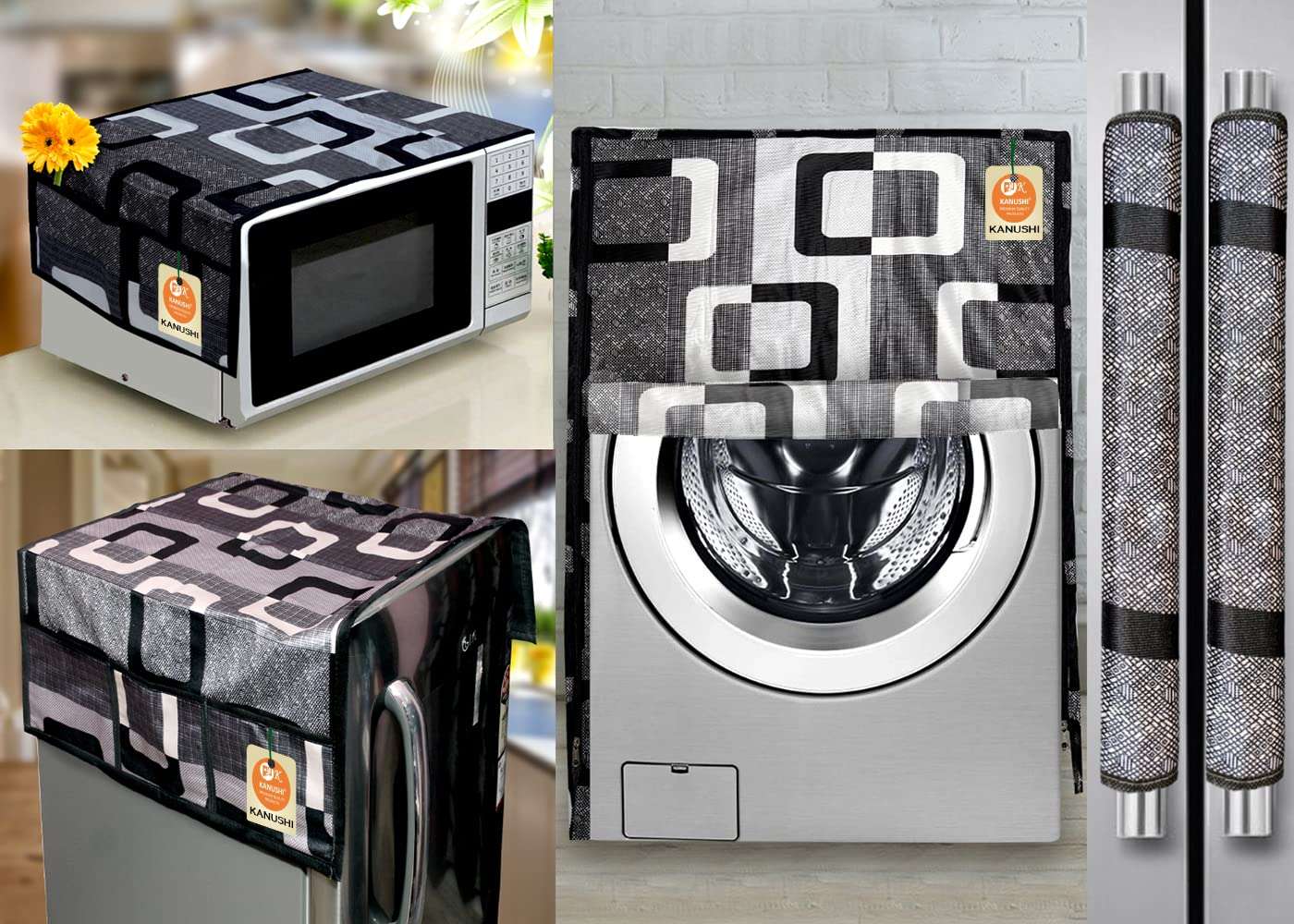 KANUSHI Industries® Front Load Washing Machine Cover+1pc Fridge/Refrigerator Cover+1 pc Microwave Cover+2 pc Handle Cover(W.M-Front+FRI+Micro+2-HDL-Black-Box)
