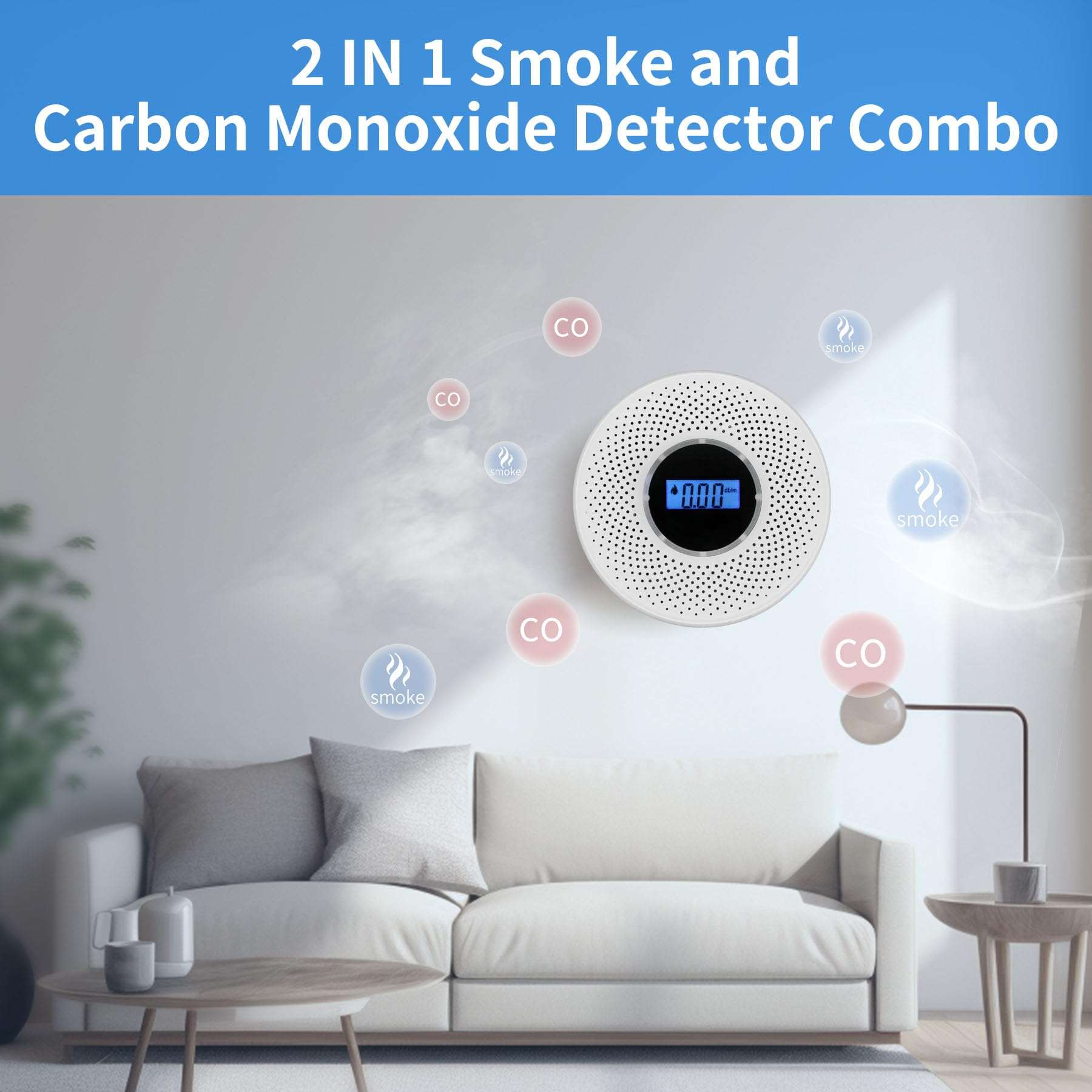 Smoke Detector Carbon Monoxide Detector Combo with Digital Display and Sound Light Alarm, 2-in-1 Smoke & CO Alarm with Battery Operated for Home, Travel or RV 6