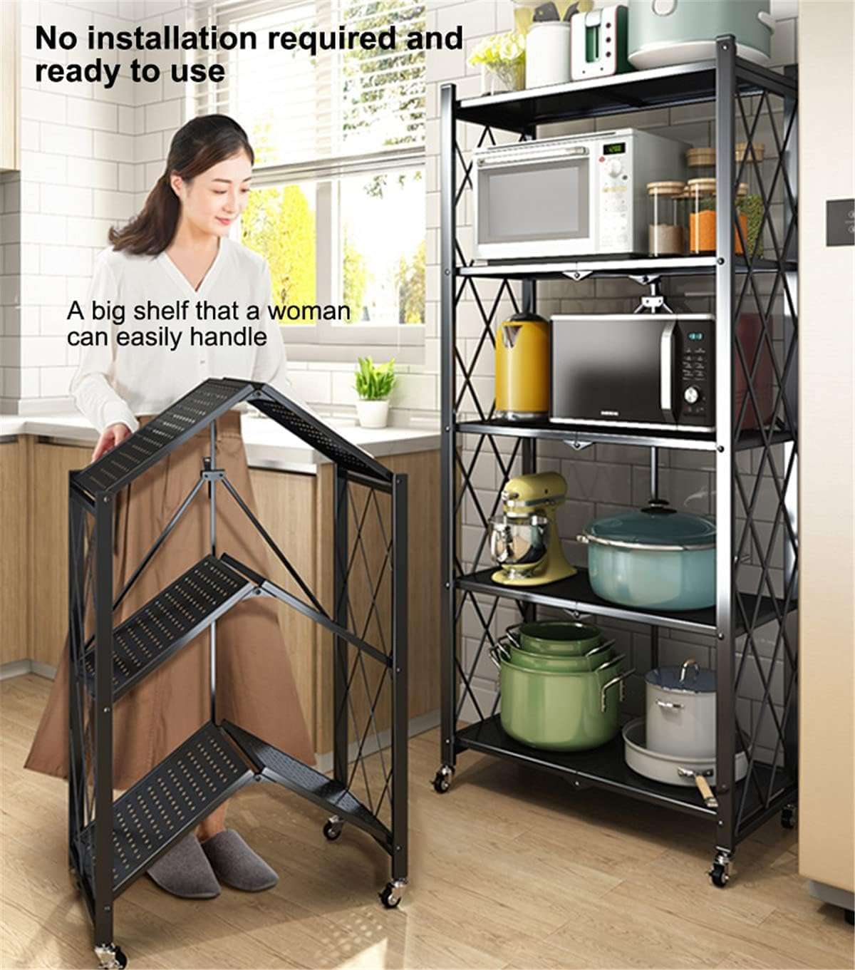 Oumffy Black Adjustable Set of 4-Shelf Metal Organizers Rolling Cart Display Wire Rack, with Wheels Storage Shelving Unit,Heavy Duty Garage Storage Rack, Metal Kitchen Shelf, 47 Inches Height, Black 3