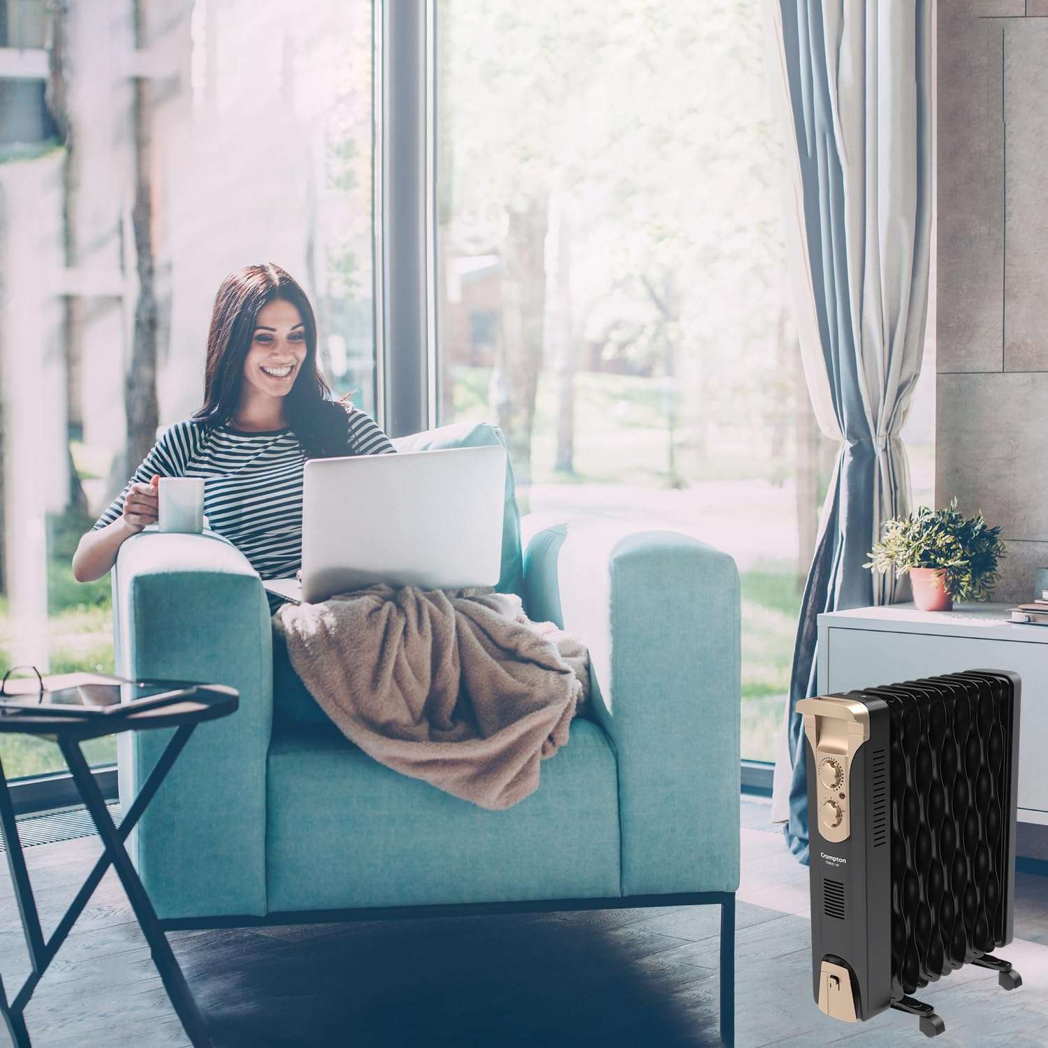 Crompton 09 Fin Insta Ferver wave Fin OFR (Oil Filled Radiator)|Room Heater|2400 W|3 Heat Settings & PTC Fan Heater|Over heat & Tilt protection |360° Heating (Black)|2yrs warranty|Black & Copper 5