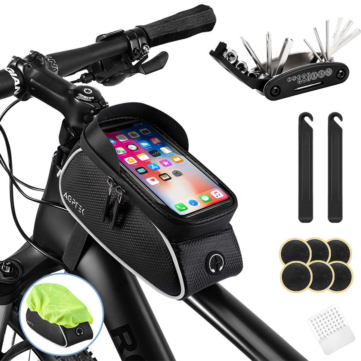 Bike Bag, Bicycle Phone Front Frame Bag Waterproof Cycling Pouch with TPU Touch Screen Bike Phone Mount Holder Accessories Top Tube Bag, for iPhone, Samsung, Below 6.5” - with Bicycle Repair Tool Kits 1
