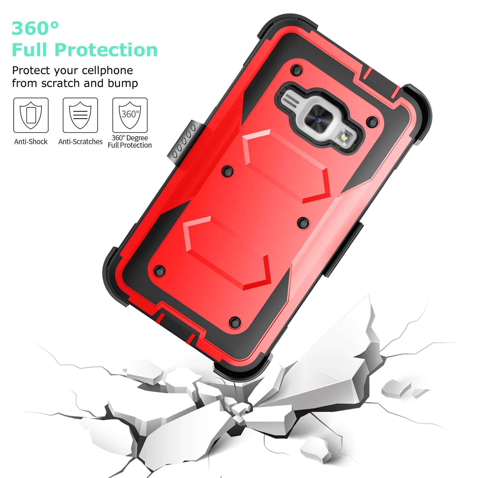 Tinysaturn Galaxy Luna Case, Galaxy Amp 2 Case, Galaxy Express 3 Case,J1 2016 Case, (TM) [Yvenus Series] [Red] Shock Absorbing Holster Belt Clip [Built-in Screen] Cover for Samsung Galaxy J1 2016 6