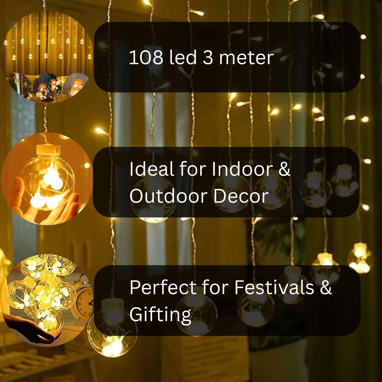 One94Store 12 Wish Ball Curtain LED String Lights – Pack of 1, 3 Meter Warm White Curtain Light with 108 LEDs & 8 Flash Modes for Window, Room, Diwali & Festival Decoration 5