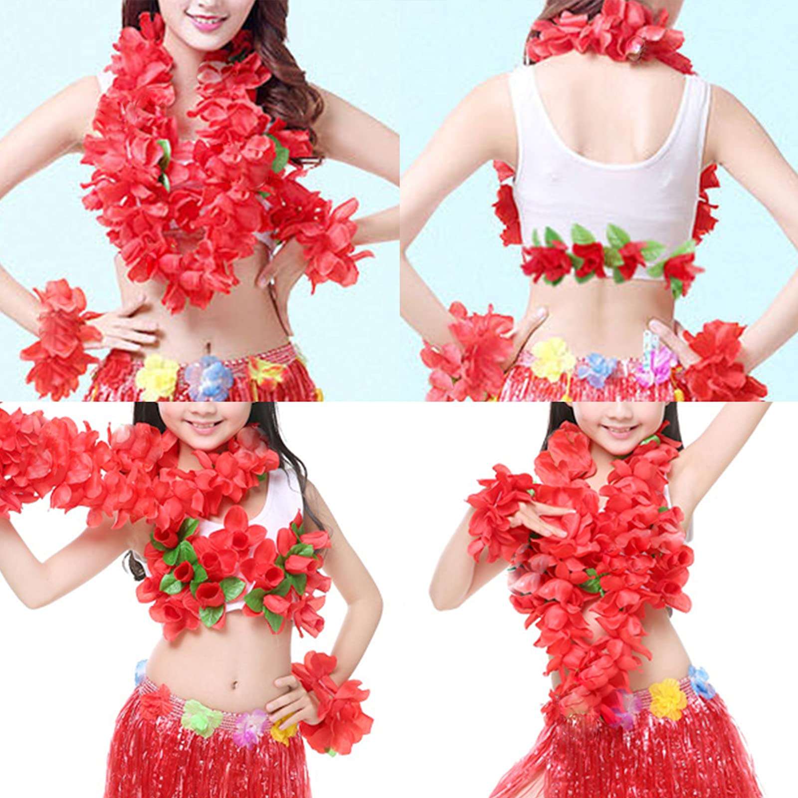 Hawaiian Leis Headband Wristbands Flower Hair Clips Luau Tropical Women Necklace Headpiece Hair Bands Hairband Bracelets Summer Beach Pool Cosplay Dress Up Birthday Party Decorations Supplies Red 6