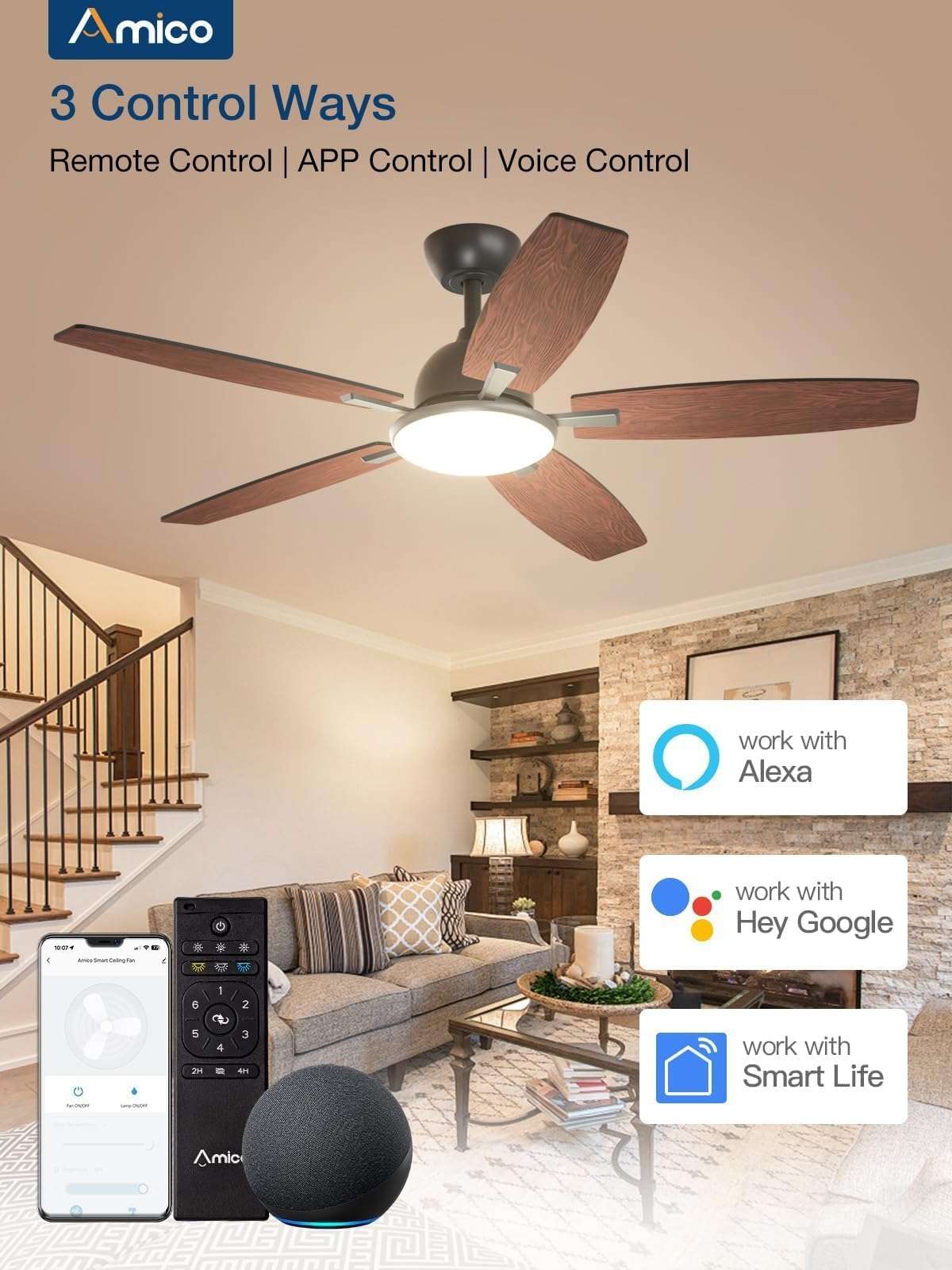 Amico 2 Pack 52'' Black and White Smart Ceiling Fans Bundle 3