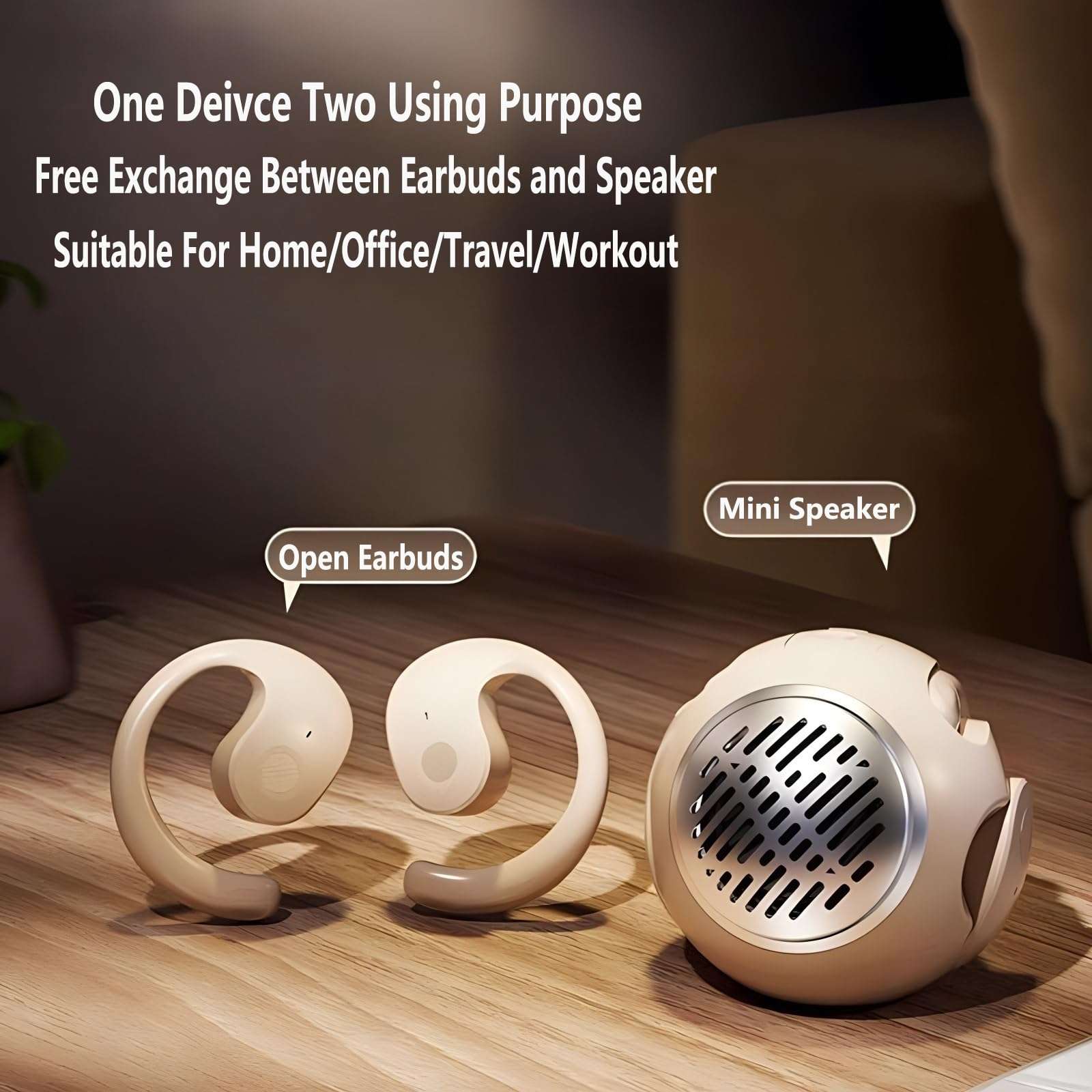 Wireless Open Ear Bluetooth Headphones, 2 in 1 open ear earbuds with Mini Portable Bluetooth Speaker,OWS Hanging Earphones, Air Conduction Over Ear Earbuds Out of Ear (2 in 1 With Speaker, Beige) 6