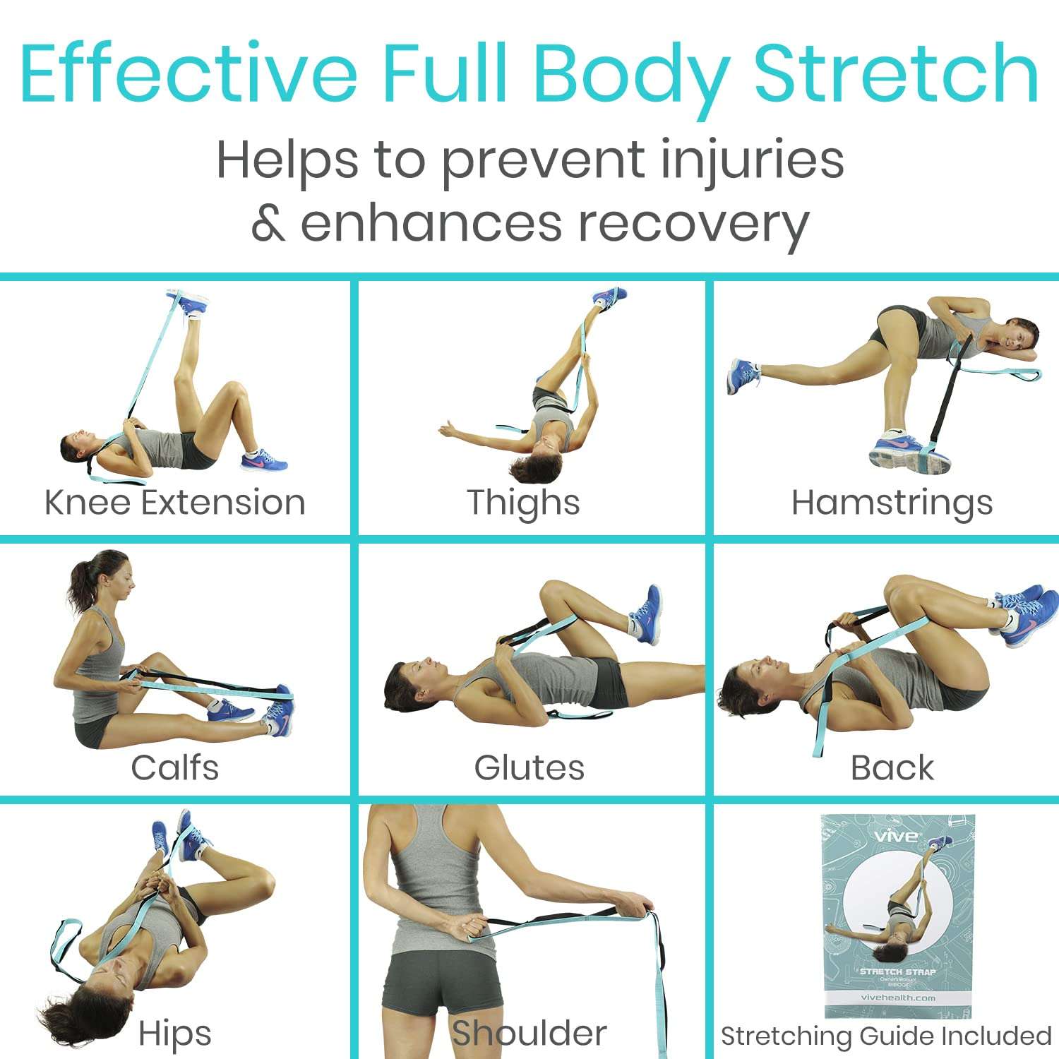 Vive Stretch Strap - Leg Stretch Band to Improve Flexibility - Stretching Out Yoga Strap - Exercise and Physical Therapy Belt for Rehab, Pilates, Dance and Gymnastics with Workout Guide Book (Teal) 5