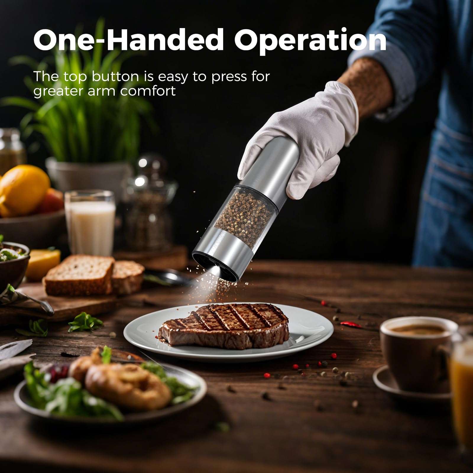 D-DING Electric Salt & Pepper Grinder Set - 2 in 1 Stainless Steel Mill with Adjustable Coarseness, LED Light, Ceramic Core, Type-C Charging, 95ml Container 4