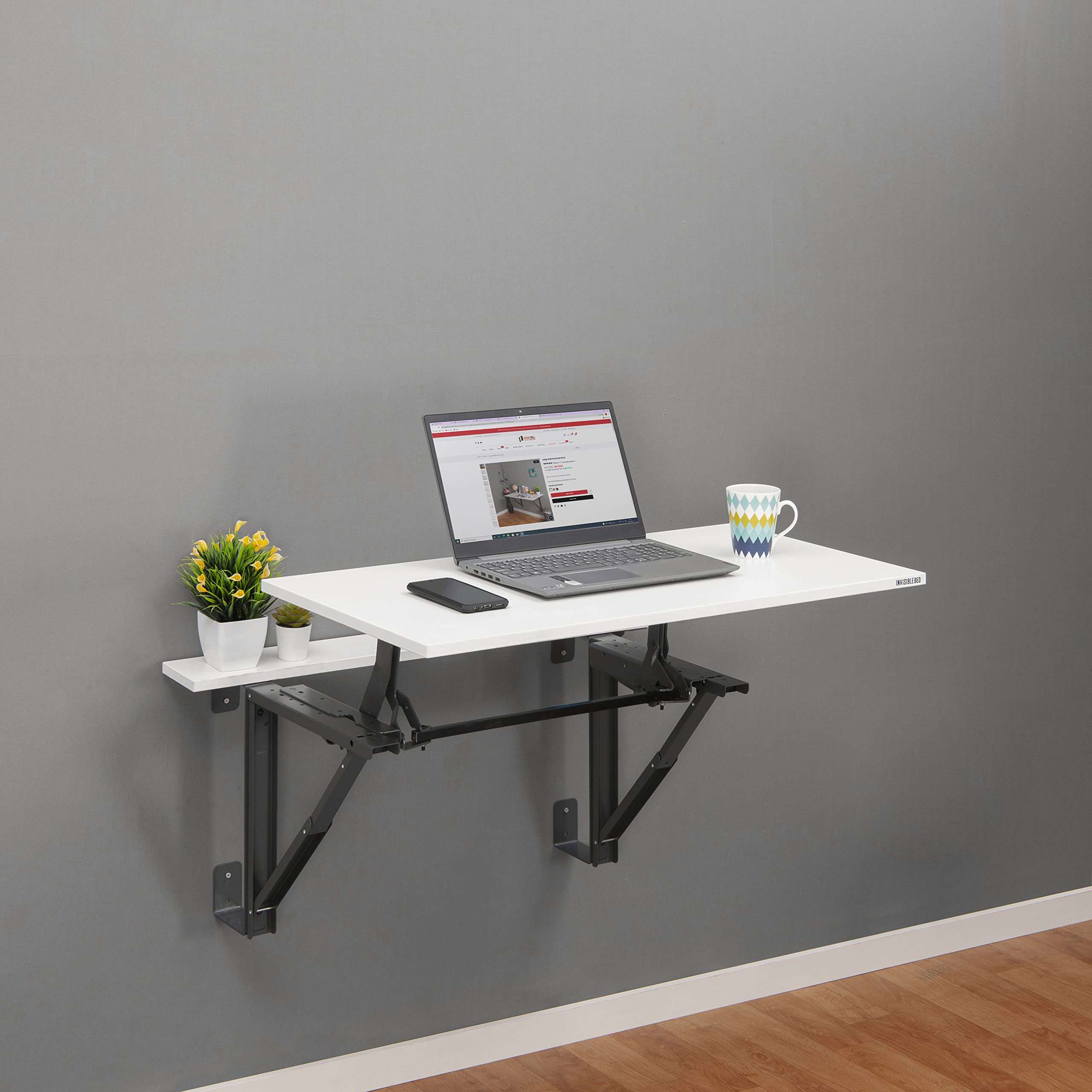 Invisible Bed Liftable and Foldable Wall Mounted Study Work Table for Sitting and Standing Working(Wool White, Engineered Wood) 1