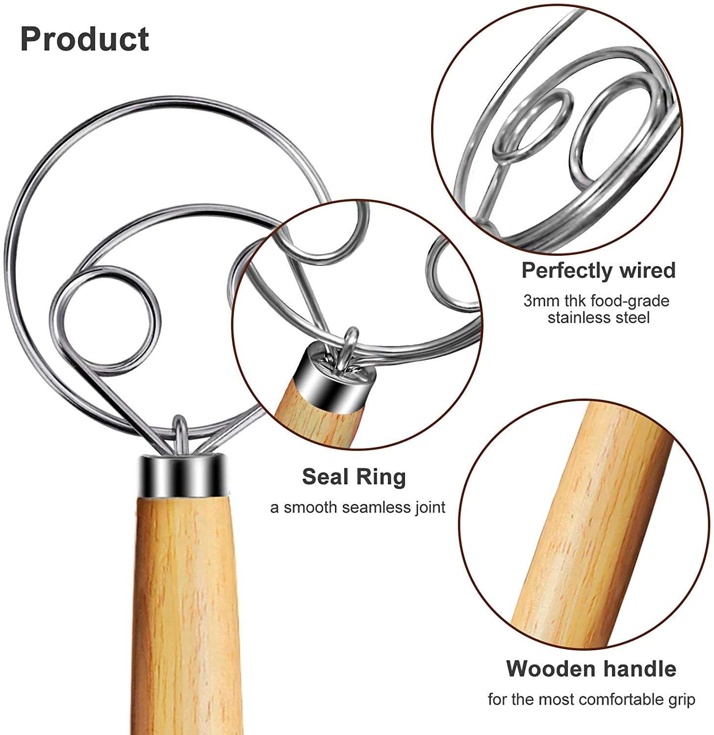 Jubilant Danish Dough Whisk, 13.2IN Double-Loop Dutch Bread Dough Stainless Steel, Wooden Handle Mixer for Cooking Bread Cake Dessert Pizza Pastry Atta Kneader Hand Whisk 3