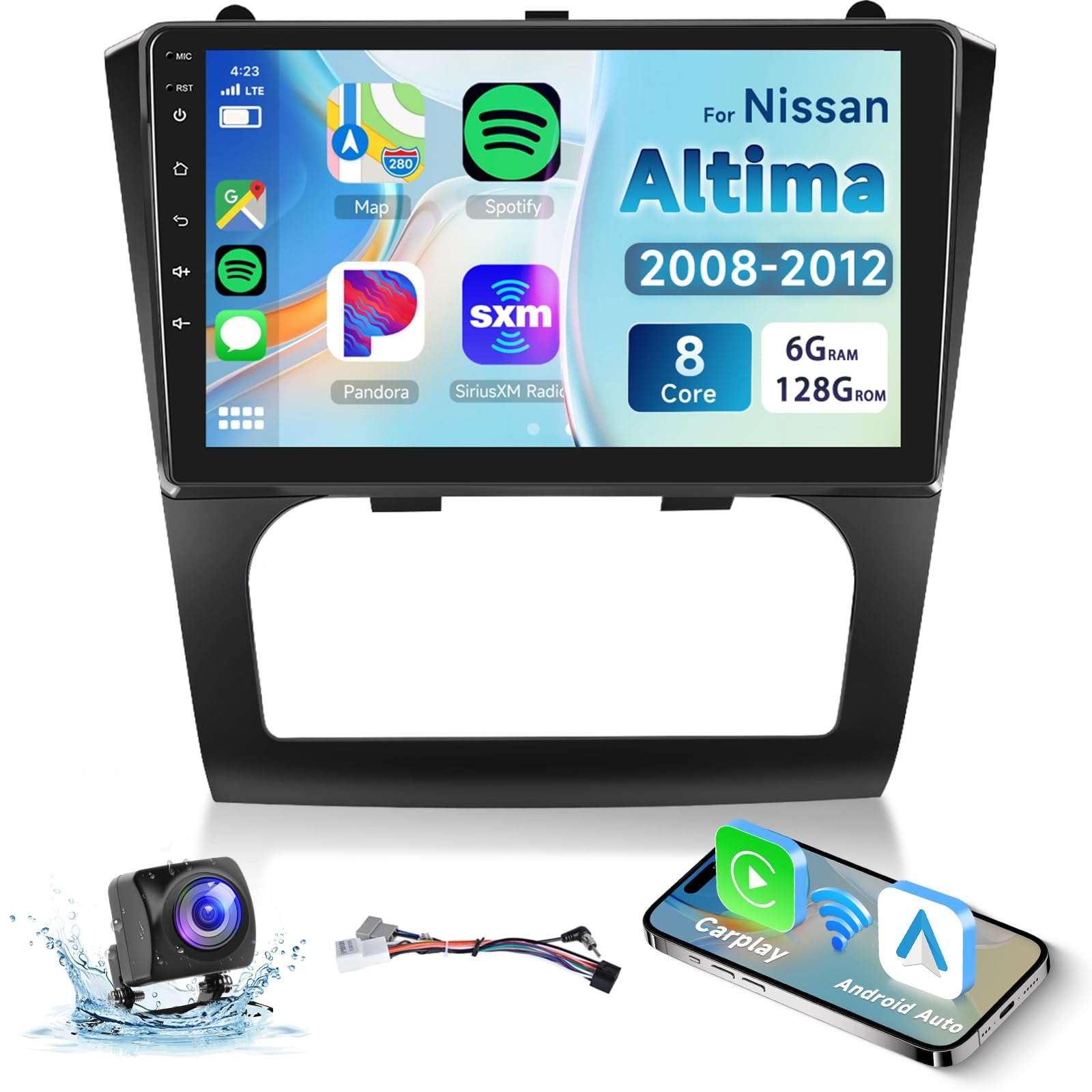 8 core 6G+128G Radio for Nissan Altima 2008 2009 2010 2011 2012, Wireless Carplay Android Auto Car Stereo, 9” 1280 * 720 IPS Touchscreen with WiFi, GPS, Bluetooth,FM/RDS, 32EQ DSP, Rear Camera