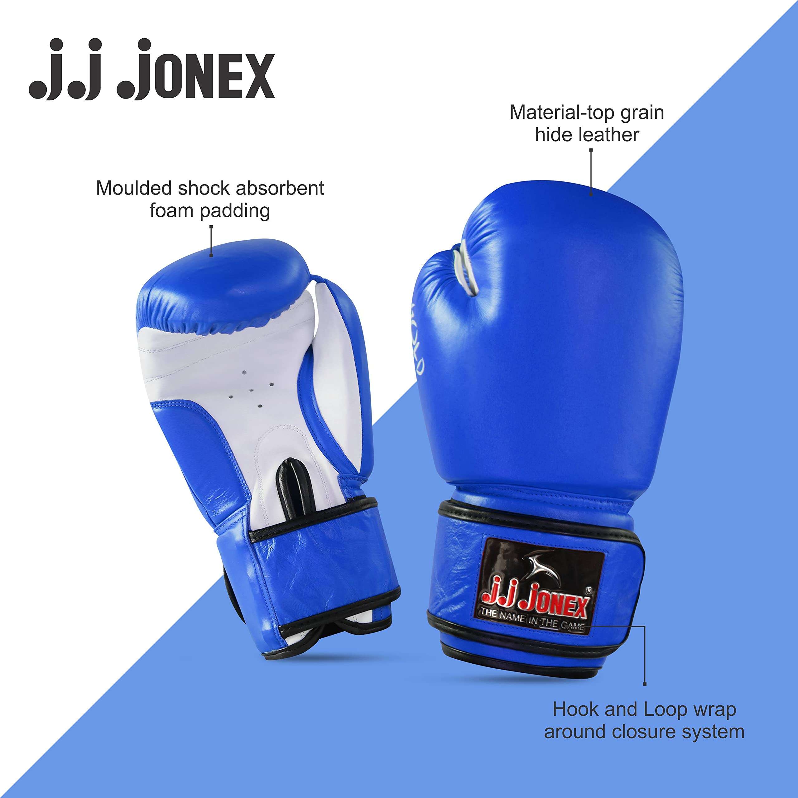 JJ Jonex Boxing Gloves, Boxing Fight Gloves for Professionals, Hight Quality Leather Boxing Gloves (14oz, Blue) 2