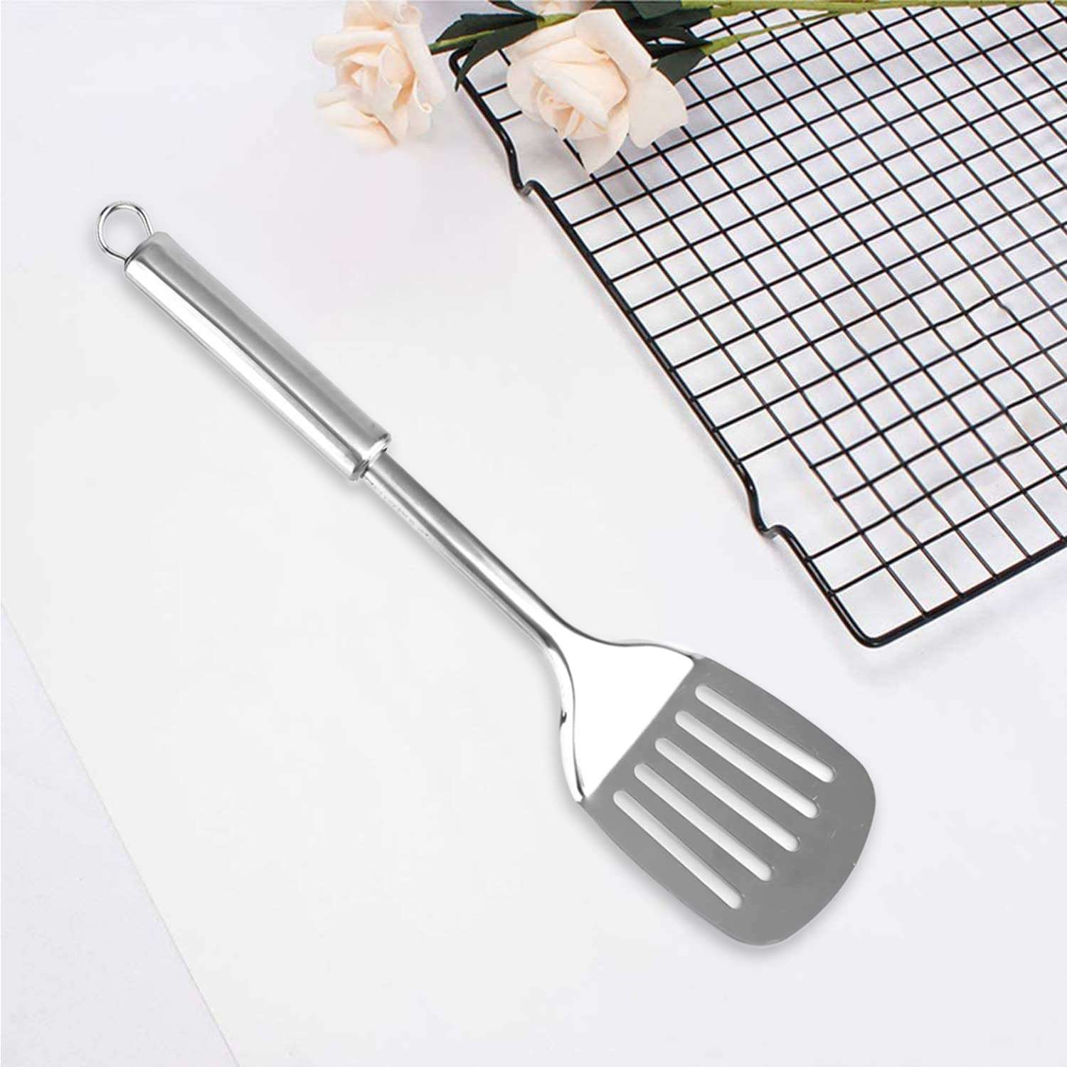 Heart Home Slotted Turner & Spoon|Stainless Steel Serving Set|Nonstick Cooking Set|Utensils Cookware Gadgets for Kitchen|Pack of 2 (Silver) 5