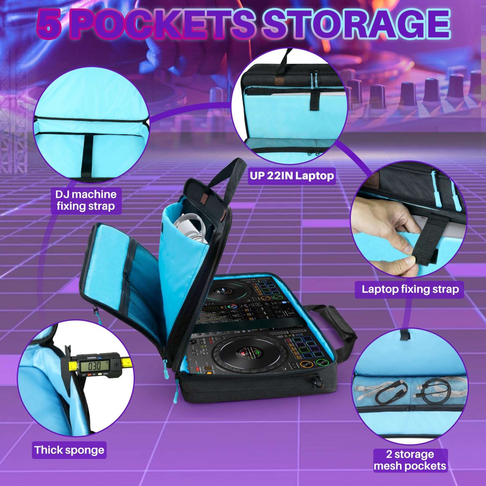 ORKELS DJ Controller Case for Pioneer SR/SR2/RR/DDJ-REV1/Denon MC4000/Numark NVII/Mixtrack Pro 3 & NV - Travel Bag with Strap for Controller, Laptop, Accessories, 22.8''x4''x14.6'' 4