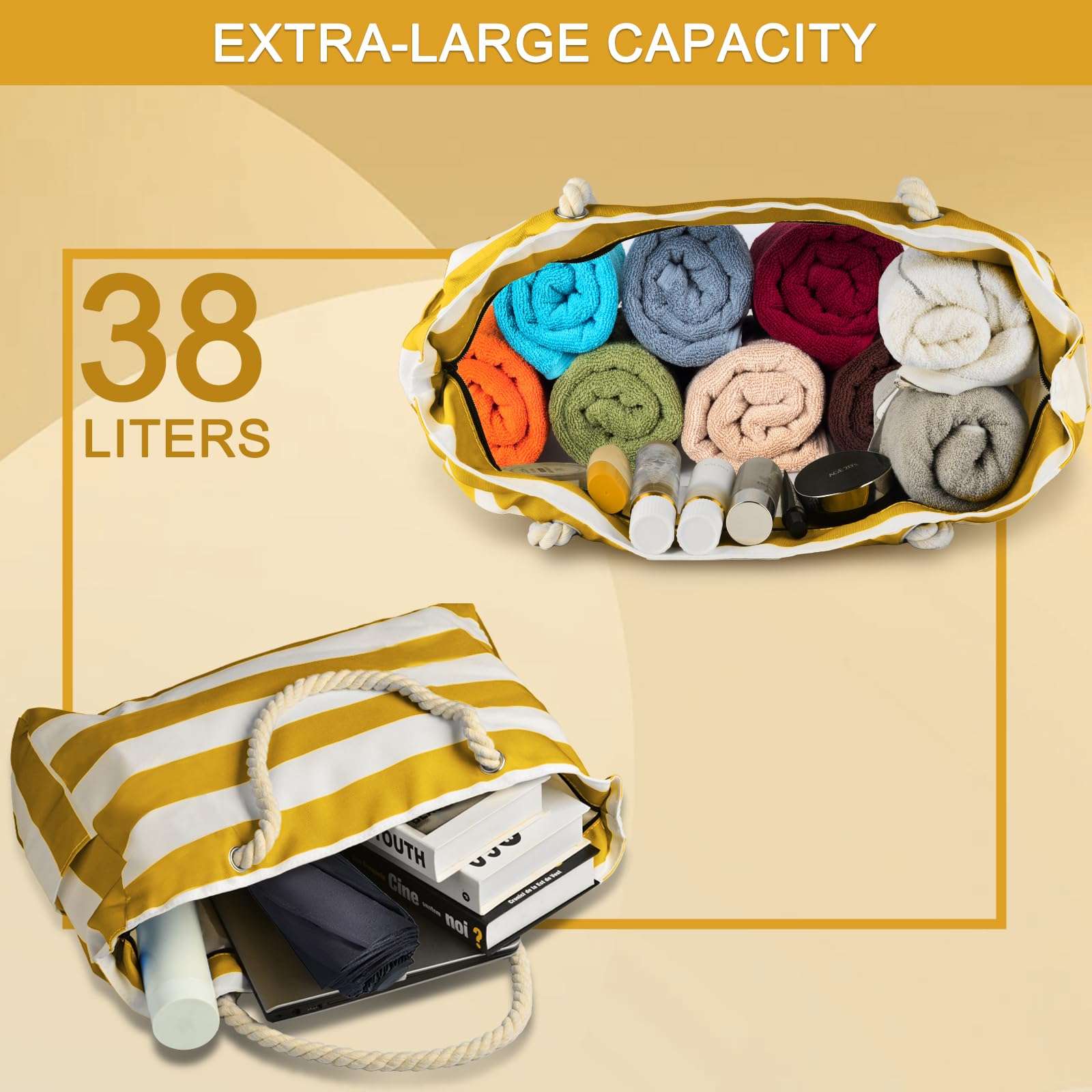 wanchel X-Large Beach Bags for Women, Waterproof Sandproof Beach Tote Bag with Zipper, for Travel | Pool | Cruise | Vacation Essentials 4