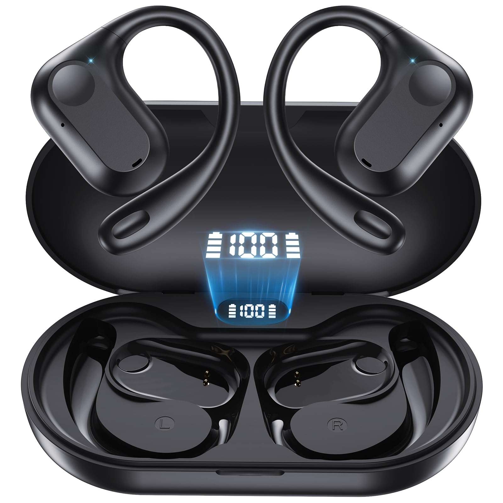 Open Ear Headphones Wireless Earbuds Air-Conduction Bluetooth Earphones LED Digital Display 24H Playtime Over Ear Buds Stereo Sound Lightweight with Earhooks for iPhone Android Cell Phones Sports Work 1