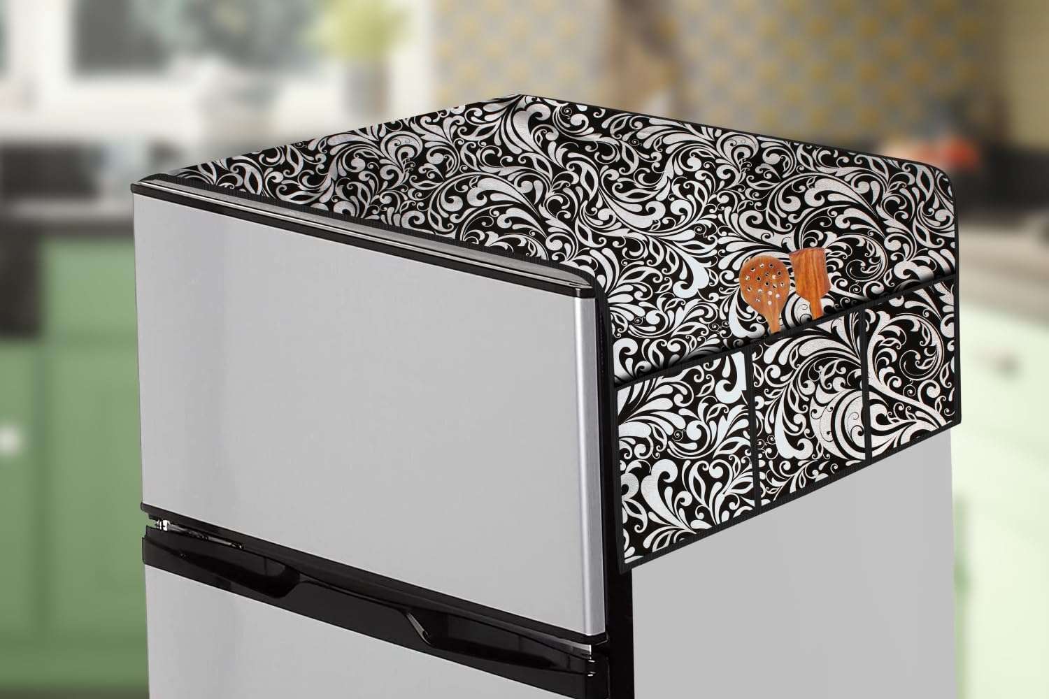 The Furnishing Tree Fridge Top Cover Compatible for Samsung RT37C4512BX/HL, 322 LTR WxL 65x111 in CM Floral Pattern Black 1