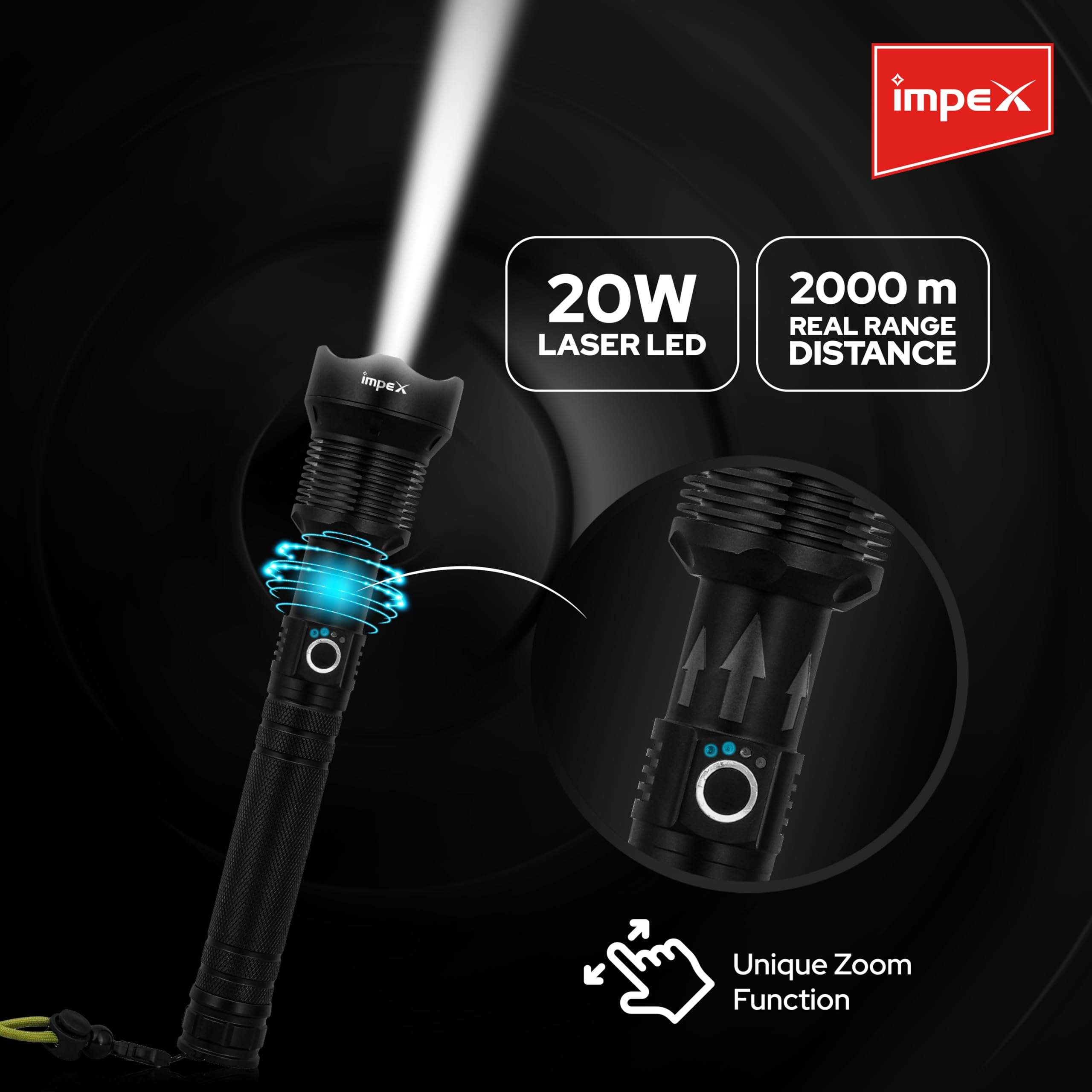 Impex Rechargeable 20W Laser LED Flashlight with 5 Mode Lighting | Unique Zoom Function | 2000 M Range | Torch Light | 3000 mAh Battery | 1 Year Warranty | Hunter Z2 5