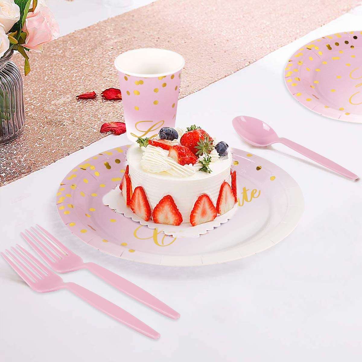 Patimate 168 Piece Pink and Gold Party Supplies | Disposable Dinnerware Set Services 24 | Includes Plastic Knive Spoons Forks Paper Plates Napkins Cups Straws | Birthday Bridal Baby Shower Girls 5