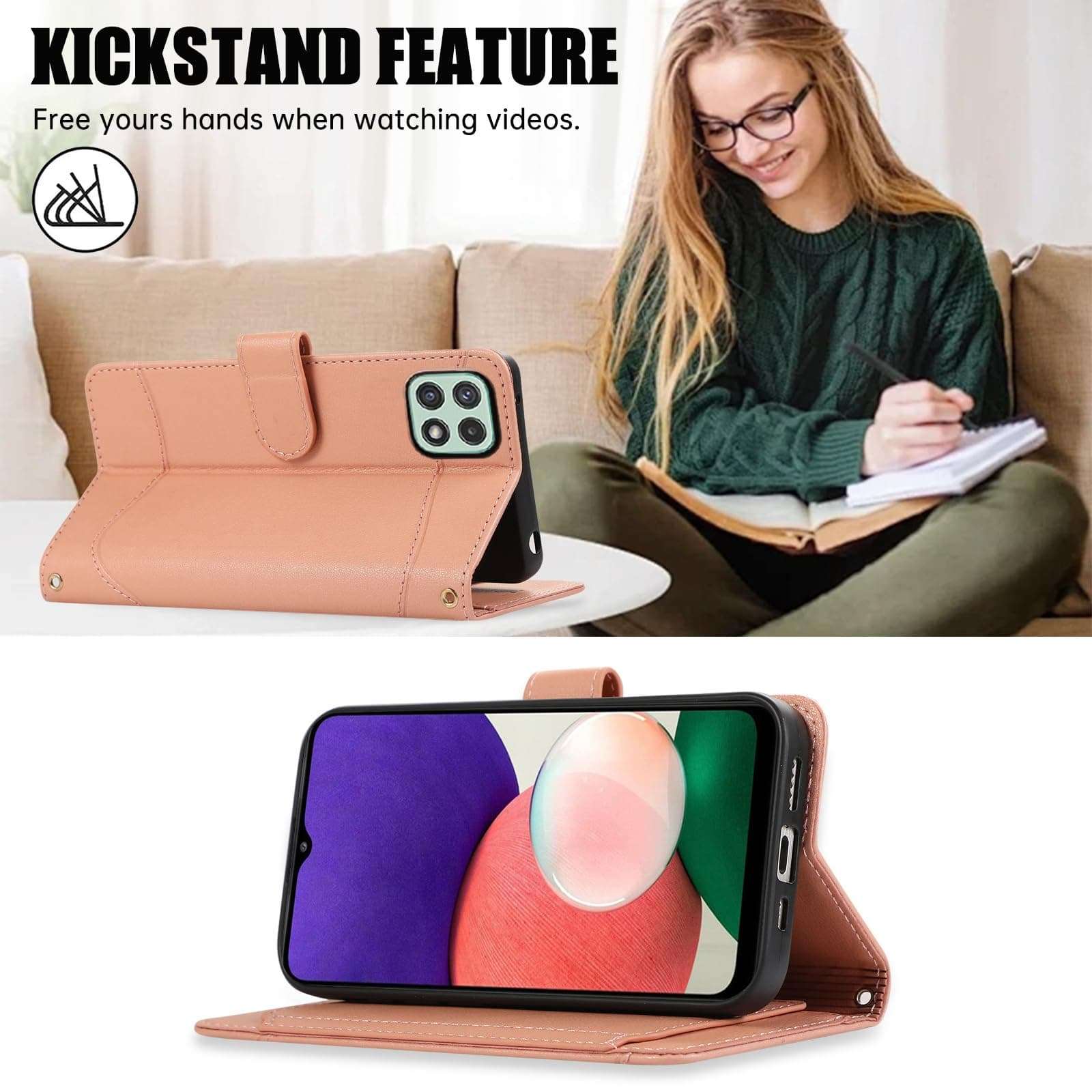 Furiet Wallet Case for Samsung Galaxy A22 5G with Wrist Strap and Shoulder Strap Card Holder Stand Flip Stylish PU Leather 7 Card Slots RFID Blocking Phone Cover for A 22 22A A22s G5 Women Girls Pink 4