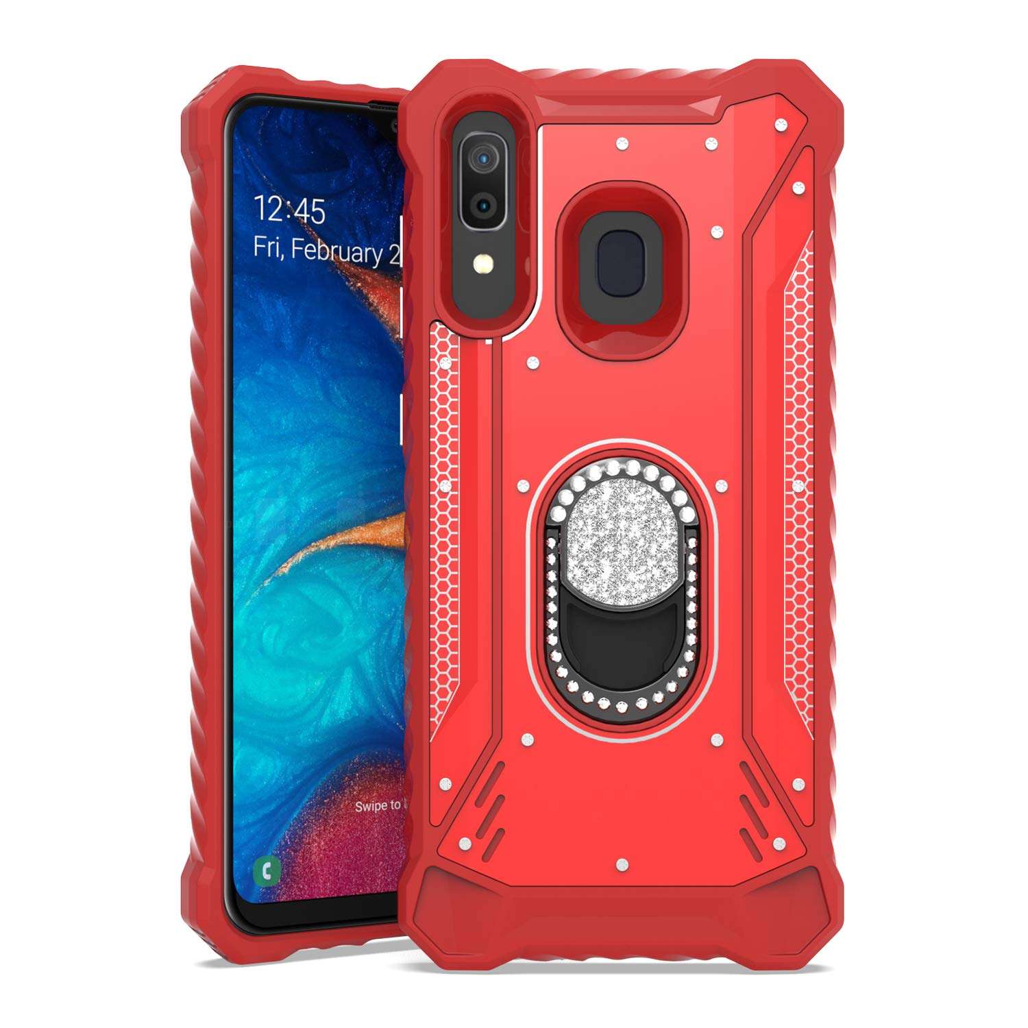 EnCASEs 2 in 1 Cell Phone Case with Bling CZ Rhinestone Kickstand for Samsung Galaxy A20 / A30 / A50, Aluminum Evolve Metal Jacket Hybrid Case, Shockproof Bumper Case, Red 6