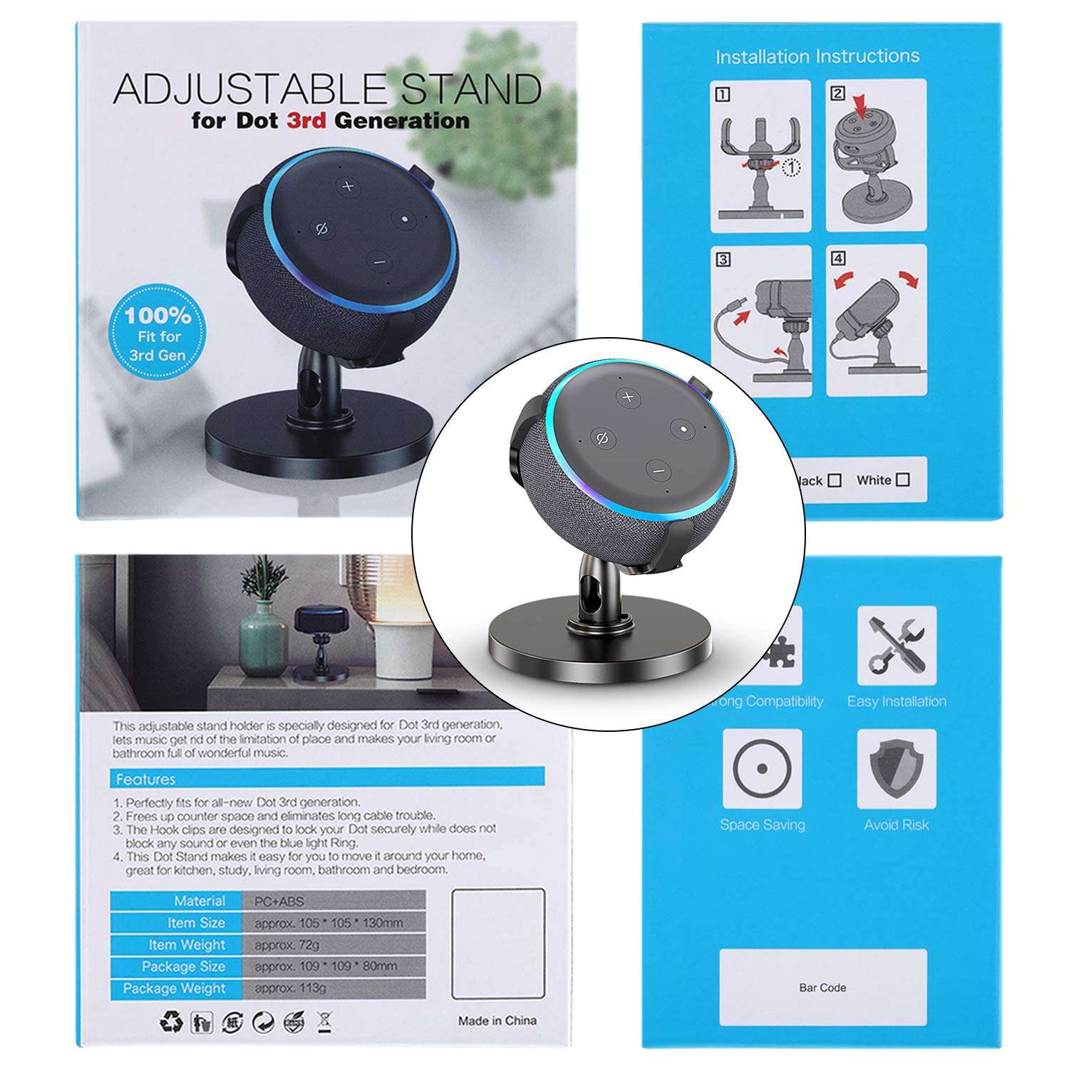 Fiada Table Holder for Dot 3rd Generation, 360°Adjustable Stand Mount Bracket Cradle with Rubber Protection for Smart Home Speaker, Improves Sound Visibility and Appearance, 2 Packs 6