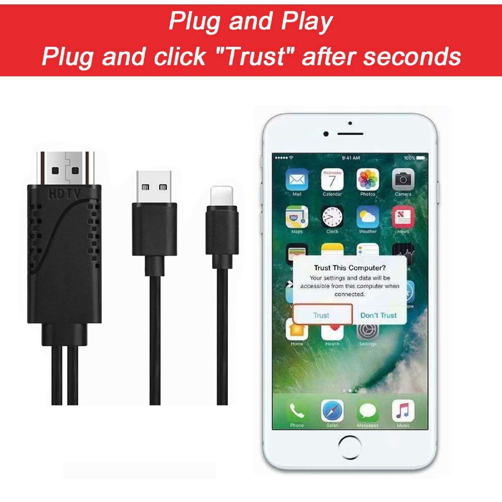 HDMI Cable for Phone 1080P USB Lighting to HDMI Digital Adapter HDTV Connector Mirror Mobile Phone Screen to TV/Projector/Monitor Compatible with Phone Series XS/MAX/XR/X/8/Pad and More Devices 5