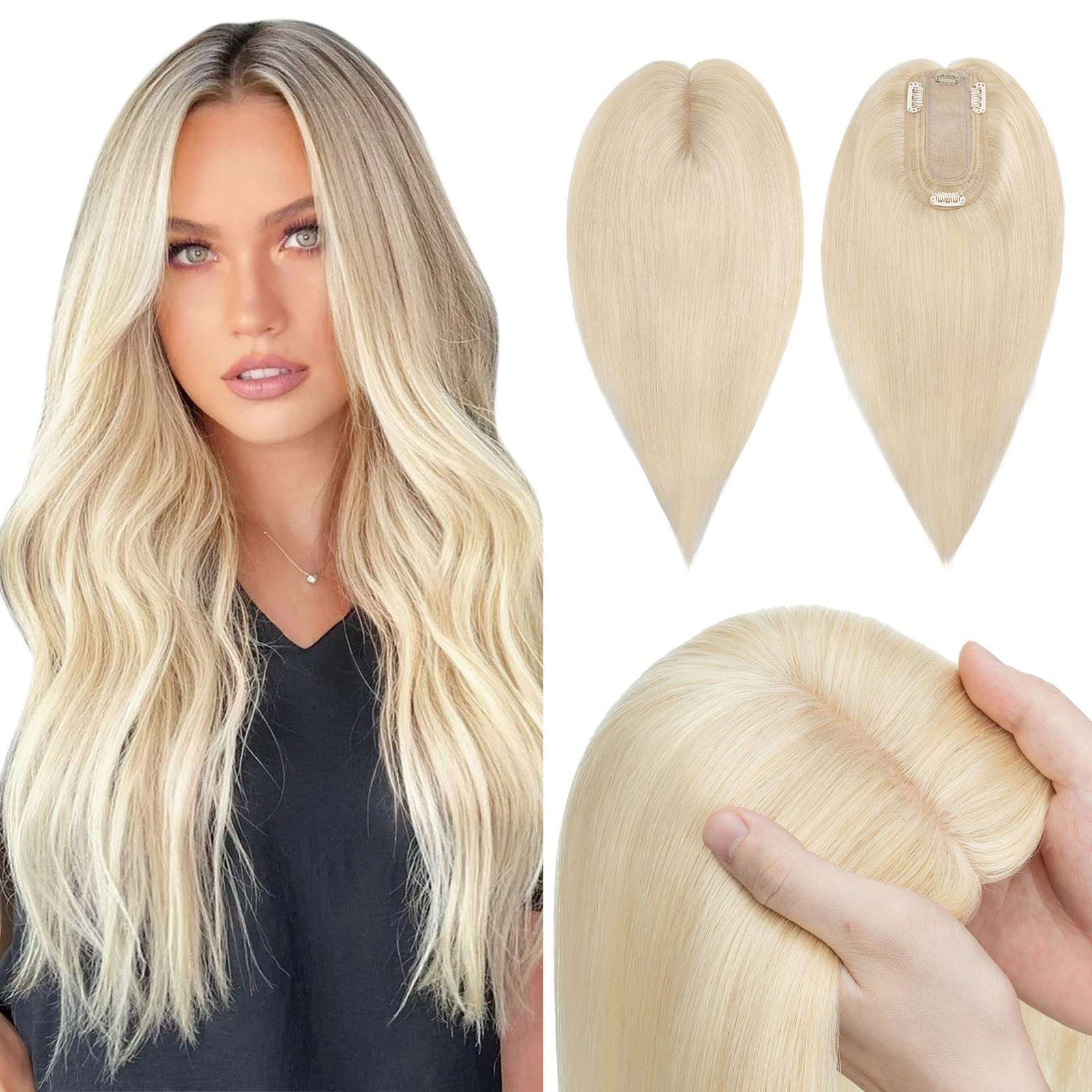 Hairro 100% Real Human Hair Toppers for Women No Bang, Clip in Real Hairpieces, Breathable Silk Base for Covering Greyish Thinning Hair Loss on Top, 6 Inch Platinum Blonde 1