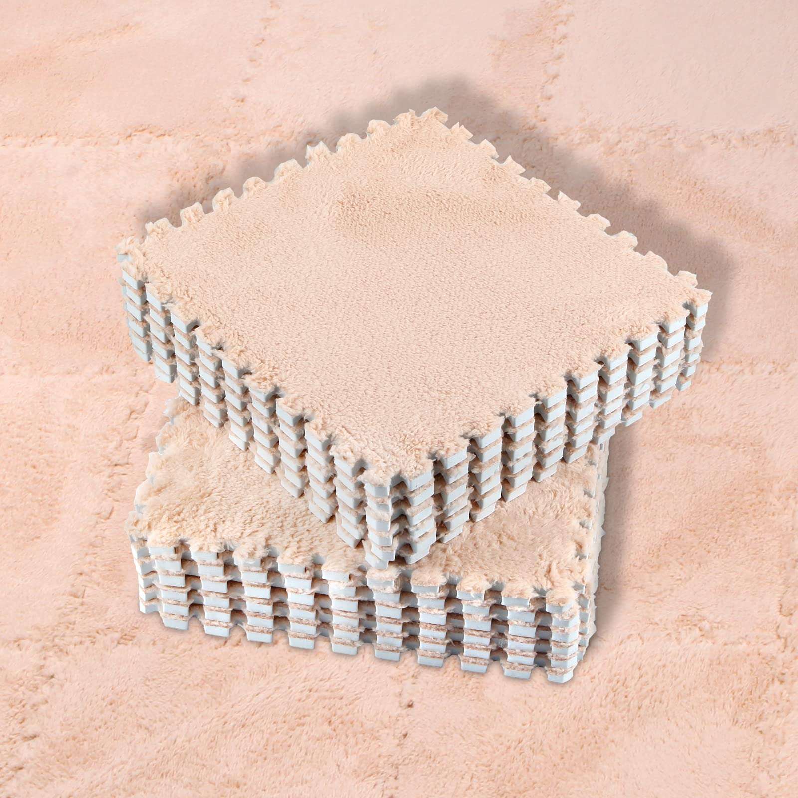 Smabee Interlocking Carpet Shaggy Soft EVA Foam Mats Fluffy Area Rugs Protective Floor Tiles Exercise Play Mat for Children Kids Room Home Parlor Bedroom (12 pcs, Khaki) 3