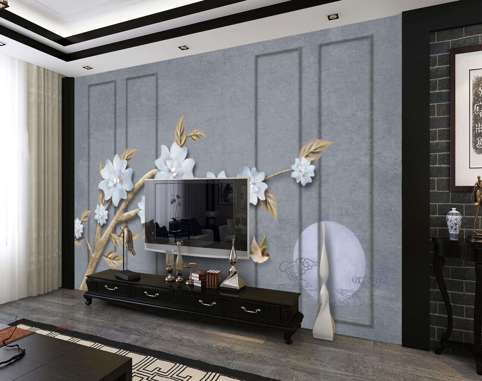 Wall26 - WEZ2111 Beautiful Centre Pearl Centered Flowers Branches Off White Arm Heyday HD 3D Wall Sticker[8 ft x 6 ft] / [244 cm x 183 cm] 1